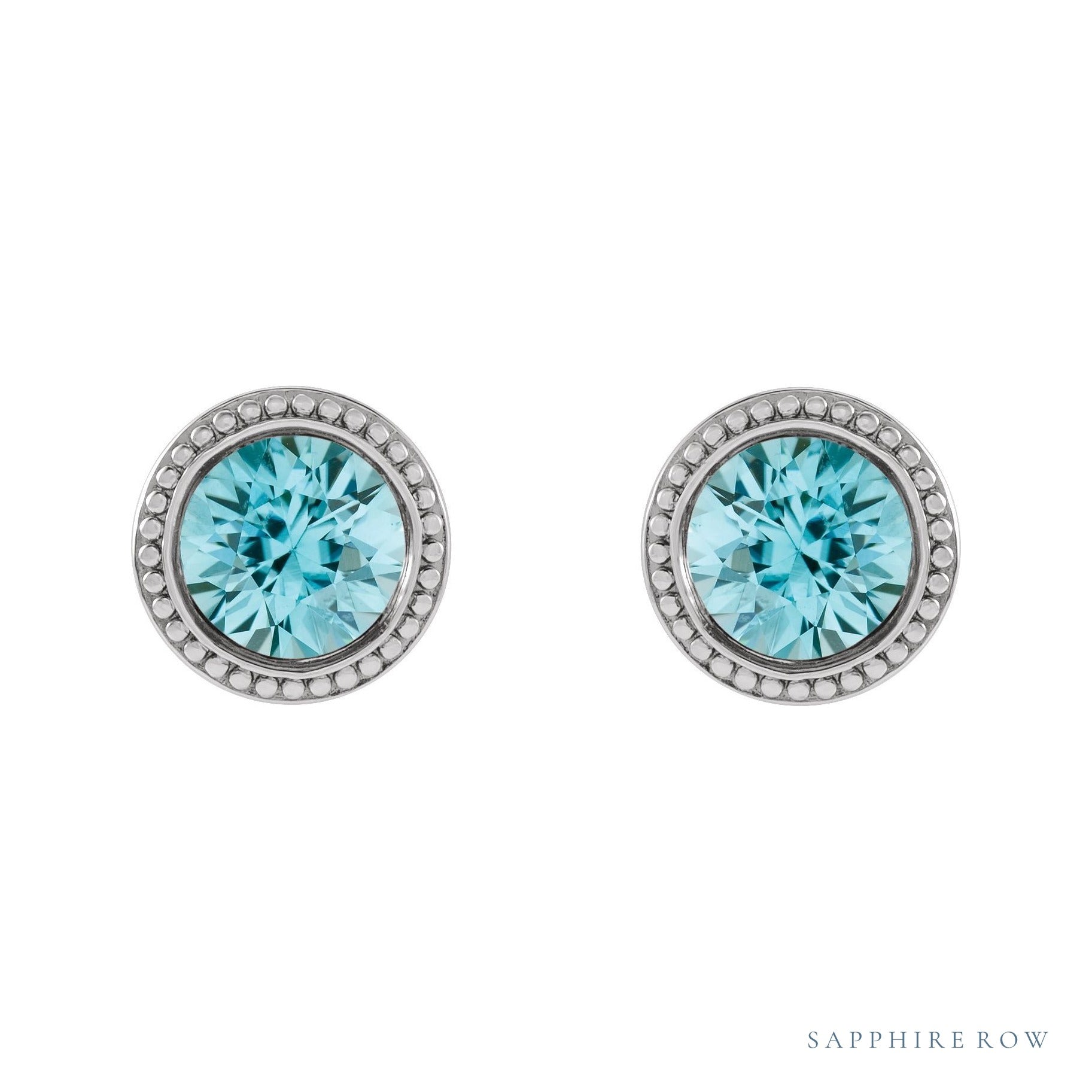 Sapphire Row Natural Bezel-Set Gemstone Studs - Blue Zircon, Platinum (view 2)