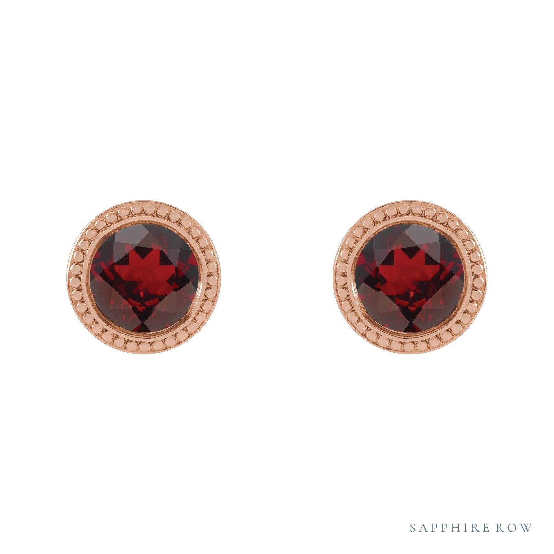Sapphire Row Natural Bezel-Set Gemstone Studs - Red Garnet, Rose Gold (view 2)