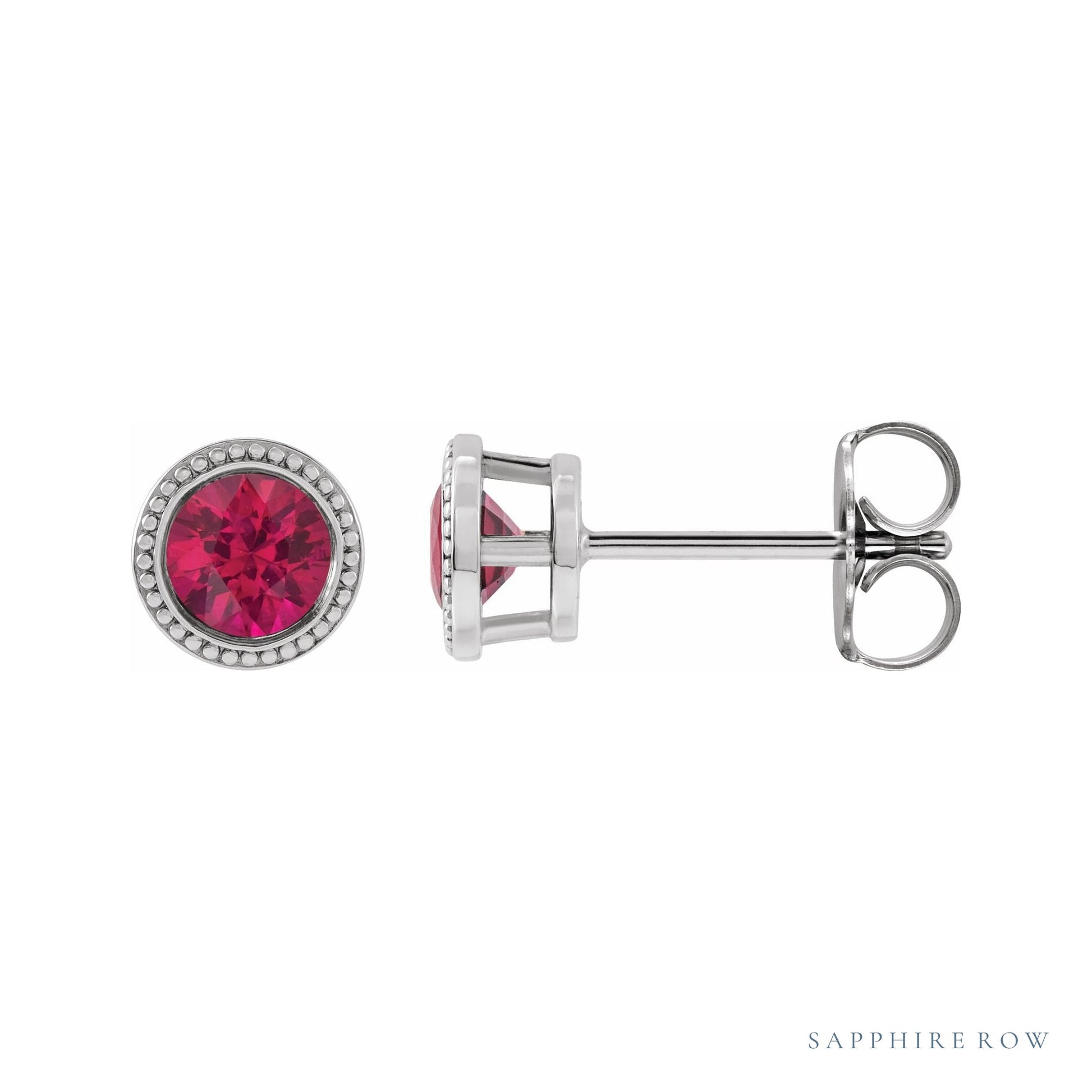 Sapphire Row Natural Bezel-Set Gemstone Studs - Ruby, White Gold