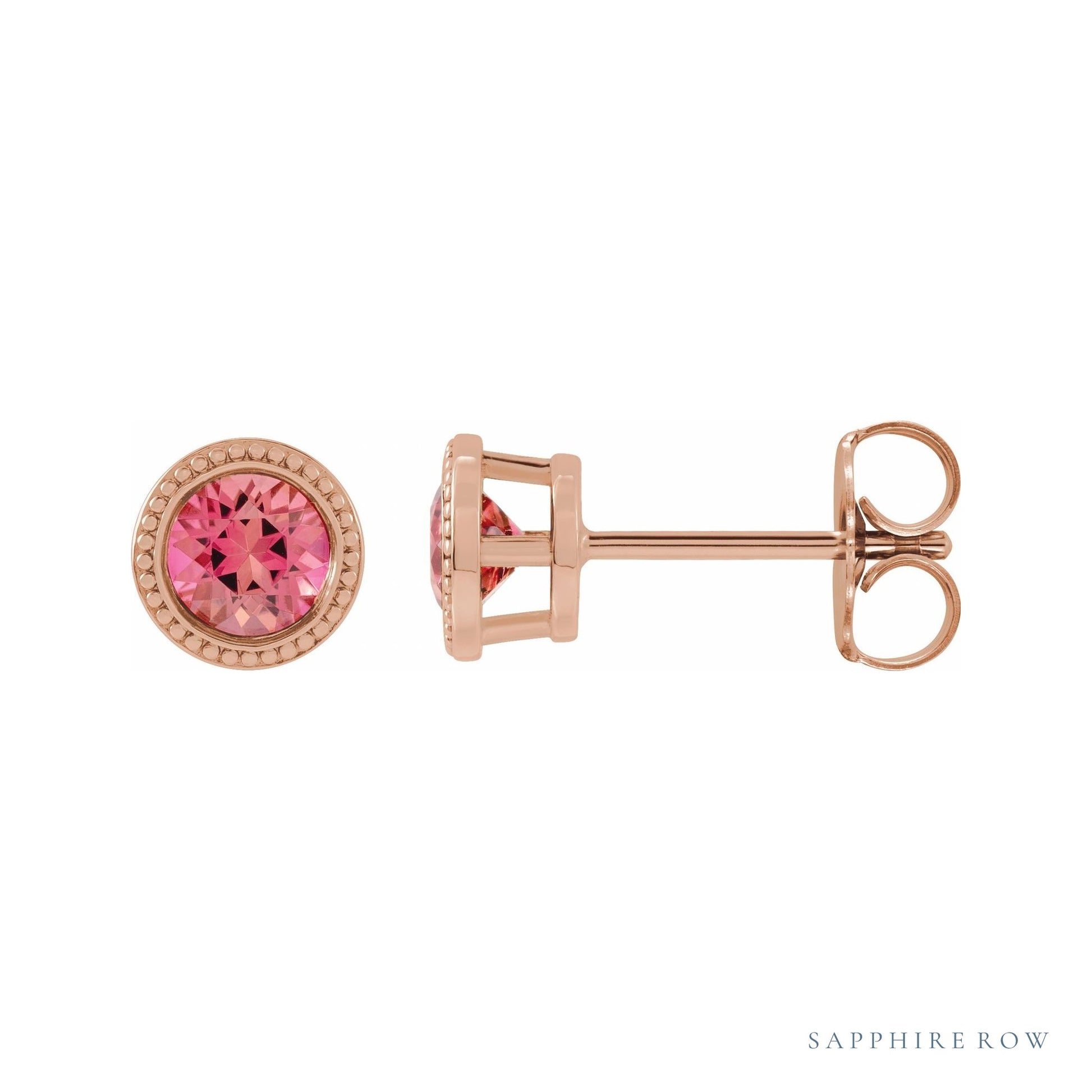 Sapphire Row Natural Bezel-Set Gemstone Studs - Pink Tourmaline, Rose Gold