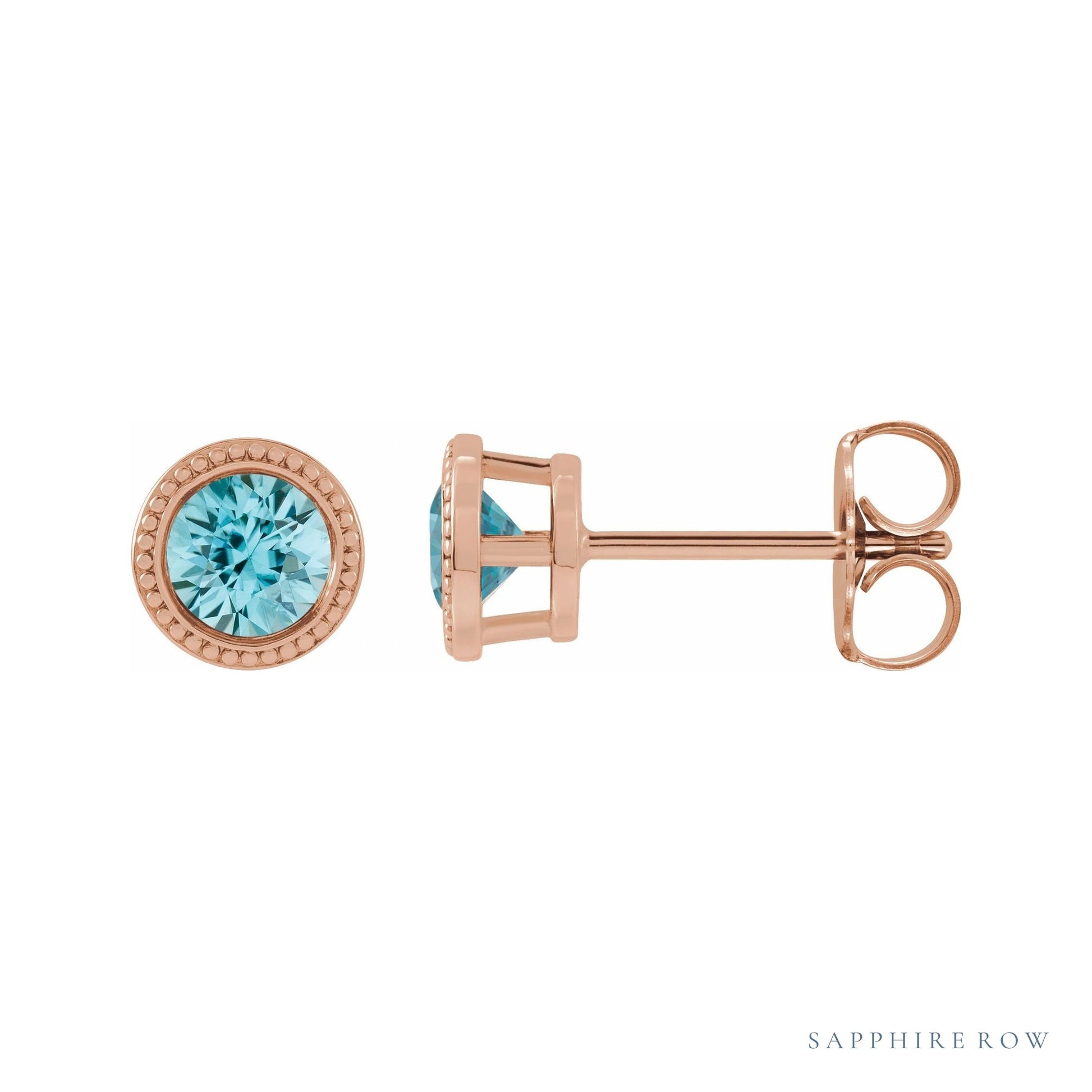 Sapphire Row Natural Bezel-Set Gemstone Studs - Blue Zircon, Rose Gold