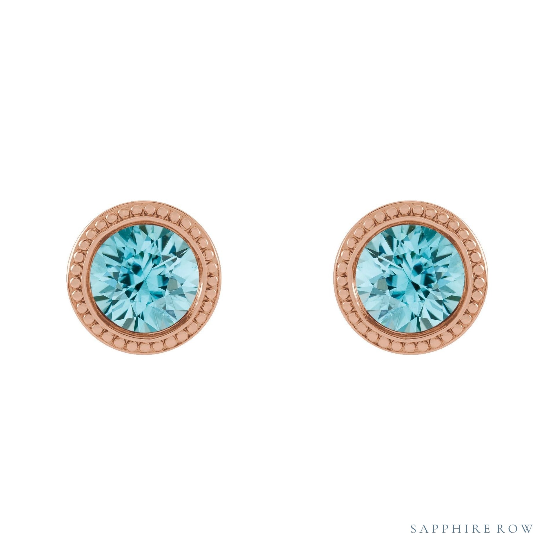 Sapphire Row Natural Bezel-Set Gemstone Studs - Blue Zircon, Rose Gold (view 2)