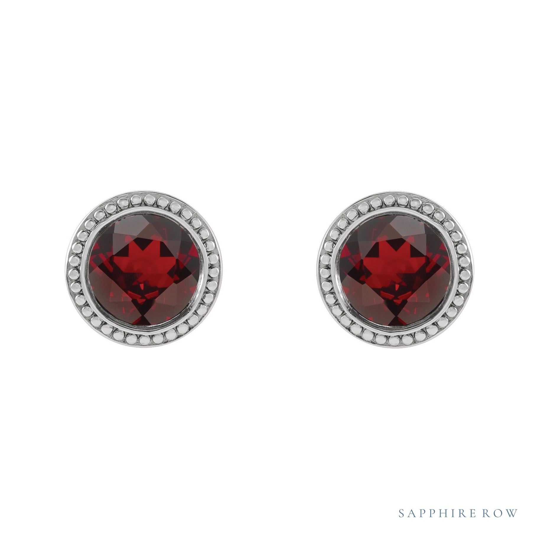 Sapphire Row Natural Bezel-Set Gemstone Studs - Red Garnet, White Gold (view 2)
