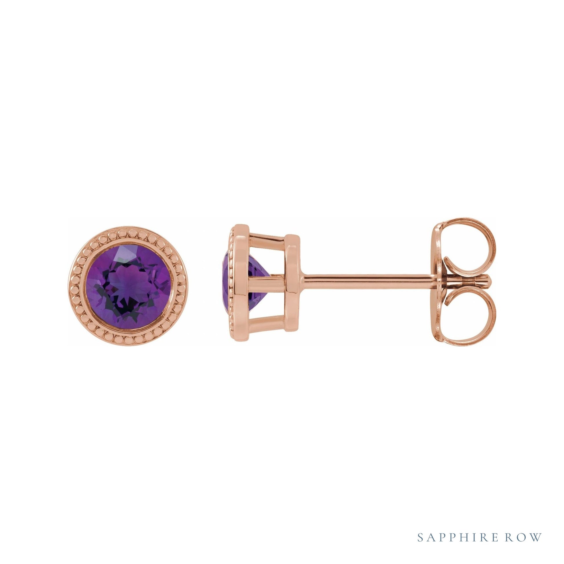 Sapphire Row Natural Bezel-Set Gemstone Studs - Amethyst, Rose Gold