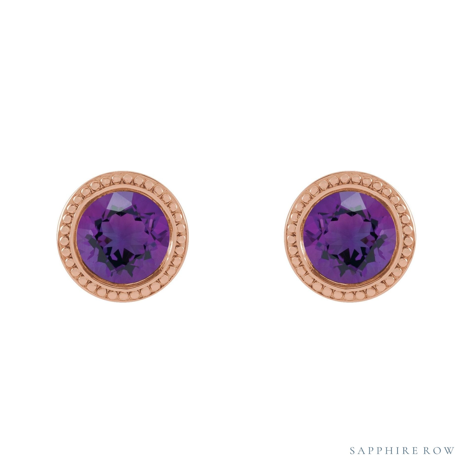 Sapphire Row Natural Bezel-Set Gemstone Studs - Amethyst, Rose Gold (view 2)