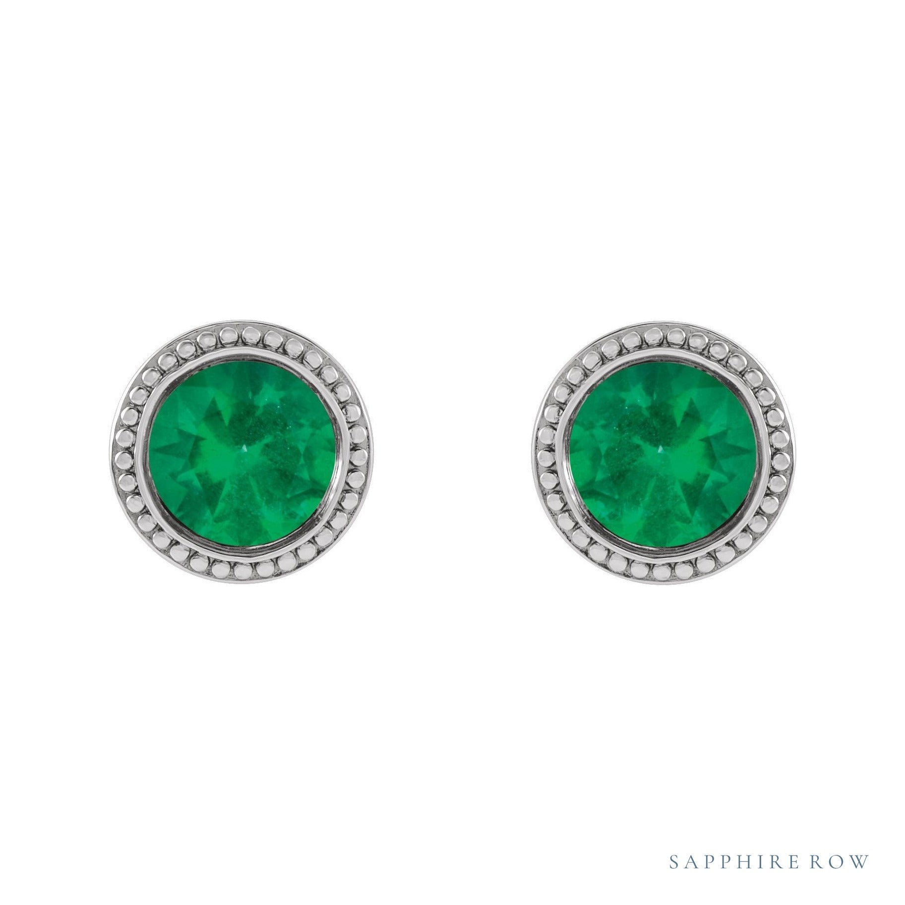 Sapphire Row Natural Bezel-Set Gemstone Studs - Emerald, White Gold (view 2)