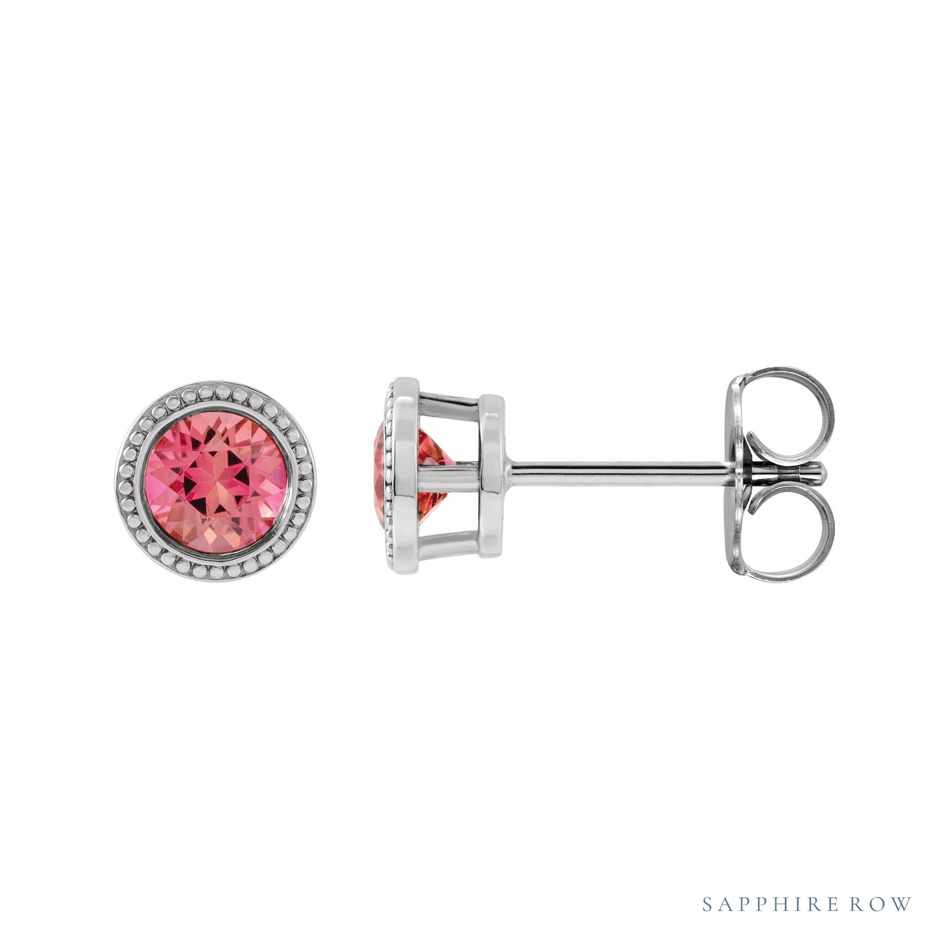 Sapphire Row Natural Bezel-Set Gemstone Studs - Pink Tourmaline, White Gold