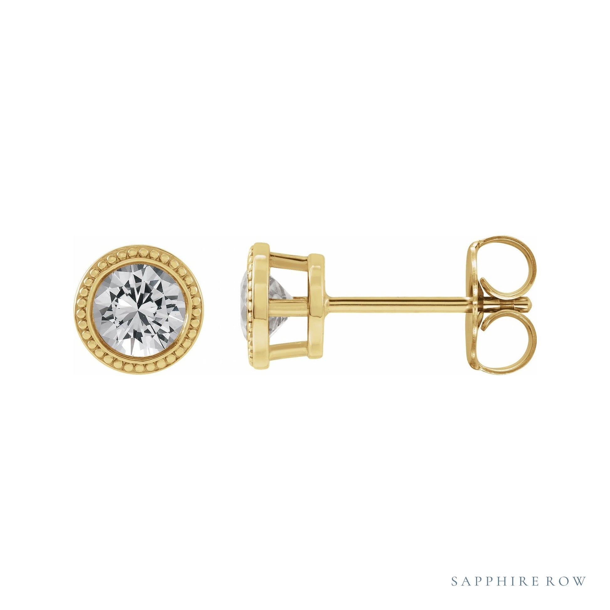 Sapphire Row Natural Bezel-Set Gemstone Studs - White Sapphire, Yellow Gold