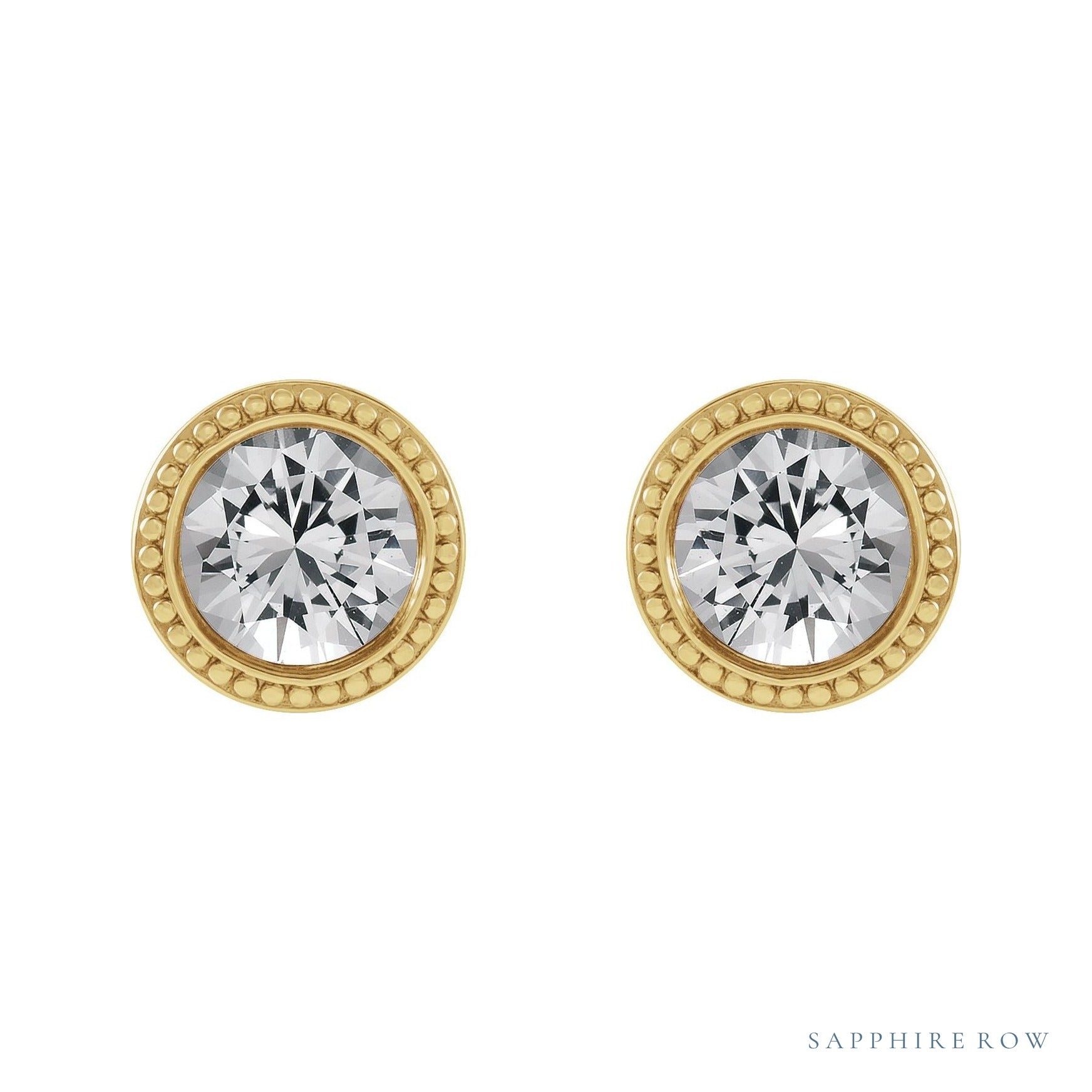Sapphire Row Natural Bezel-Set Gemstone Studs - White Sapphire, Yellow Gold (view 2)