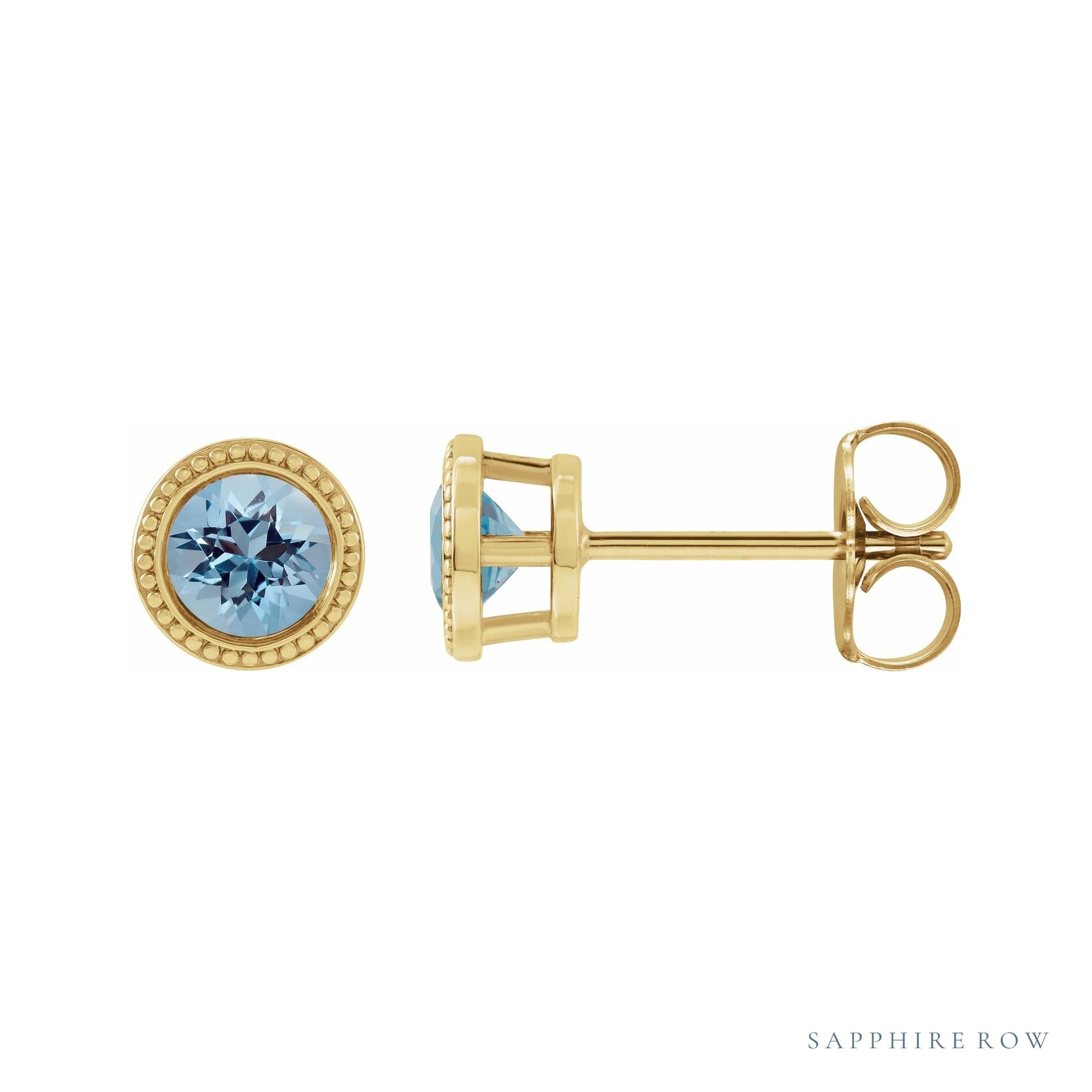 Sapphire Row Natural Bezel-Set Gemstone Studs - Aquamarine, Yellow Gold