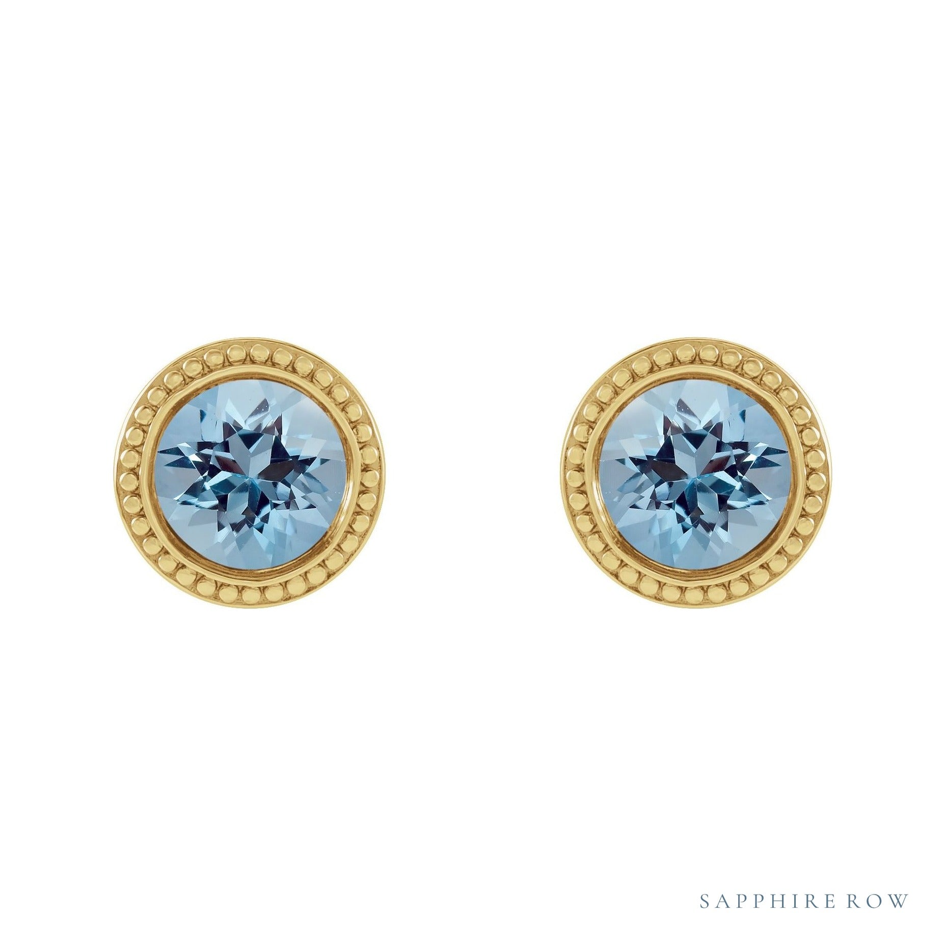 Sapphire Row Natural Bezel-Set Gemstone Studs - Aquamarine, Yellow Gold (view 2)