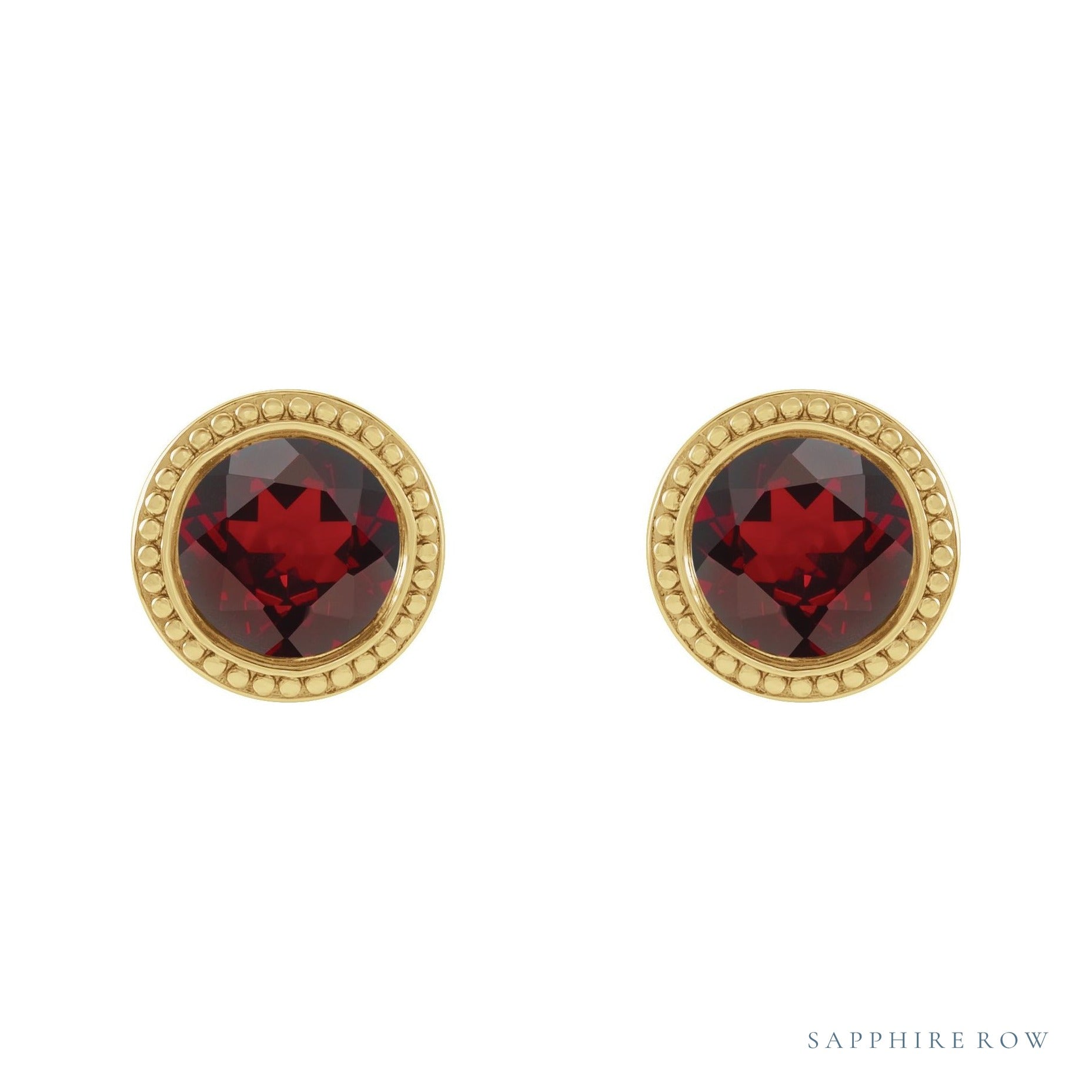 Sapphire Row Natural Bezel-Set Gemstone Studs - Red Garnet, Yellow Gold (view 2)