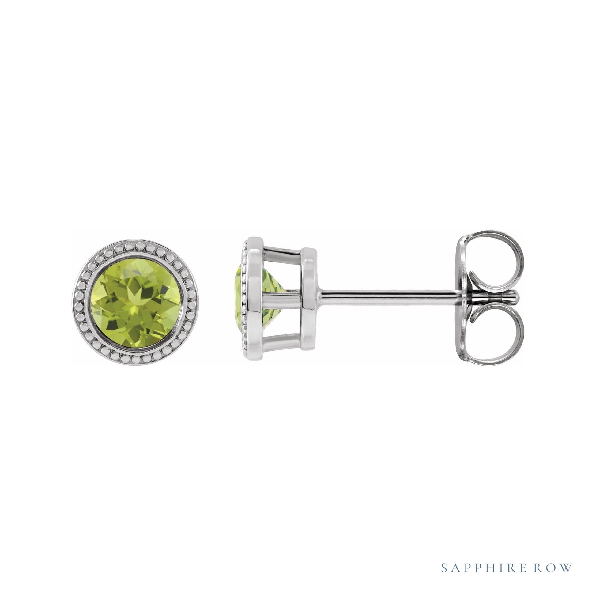 Sapphire Row Natural Bezel-Set Gemstone Studs - Peridot, Platinum