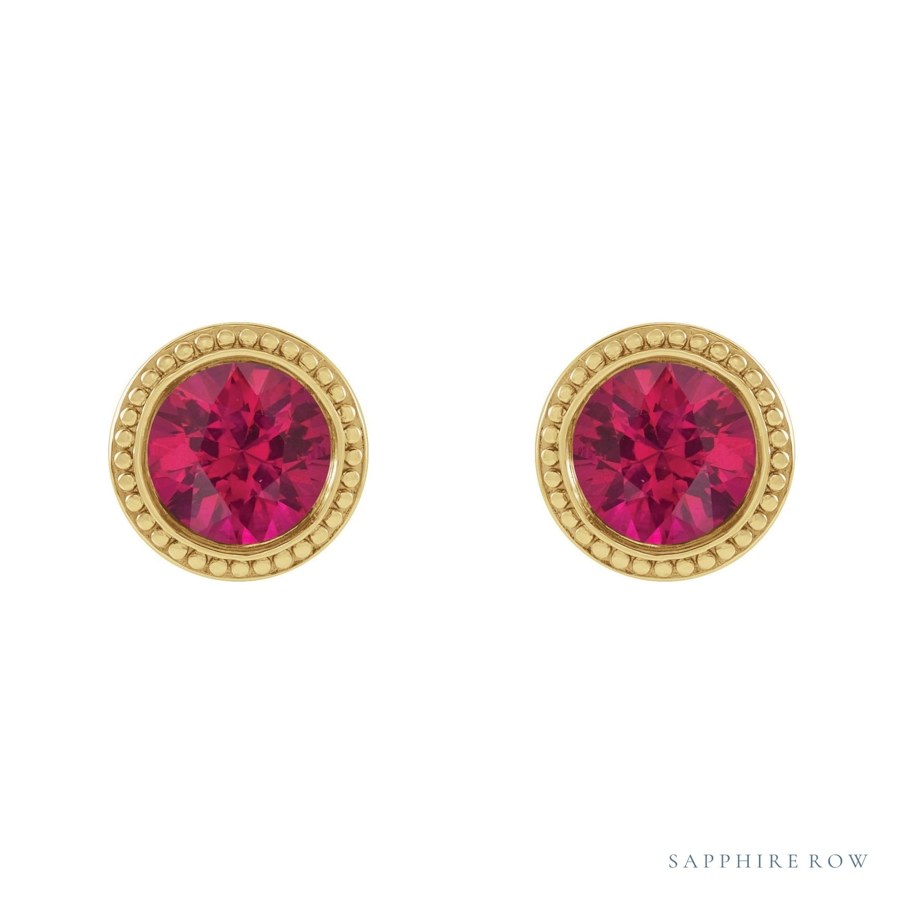 Sapphire Row Natural Bezel-Set Gemstone Studs - Ruby, Yellow Gold (view 2)