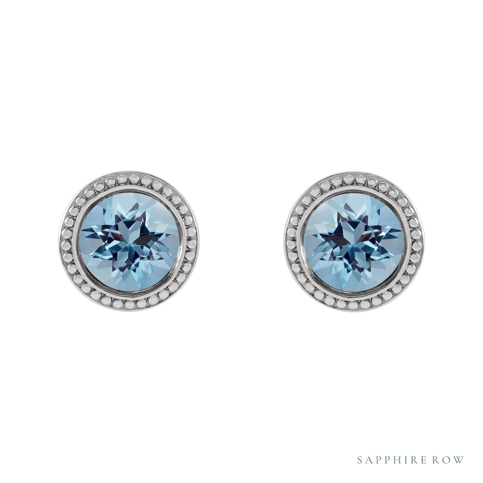 Sapphire Row Natural Bezel-Set Gemstone Studs - Aquamarine, Platinum (view 2)