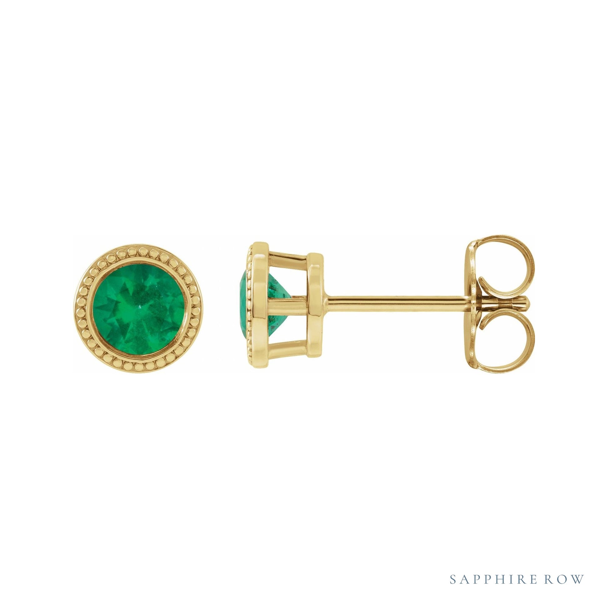 Sapphire Row Natural Bezel-Set Gemstone Studs - Emerald, Yellow Gold