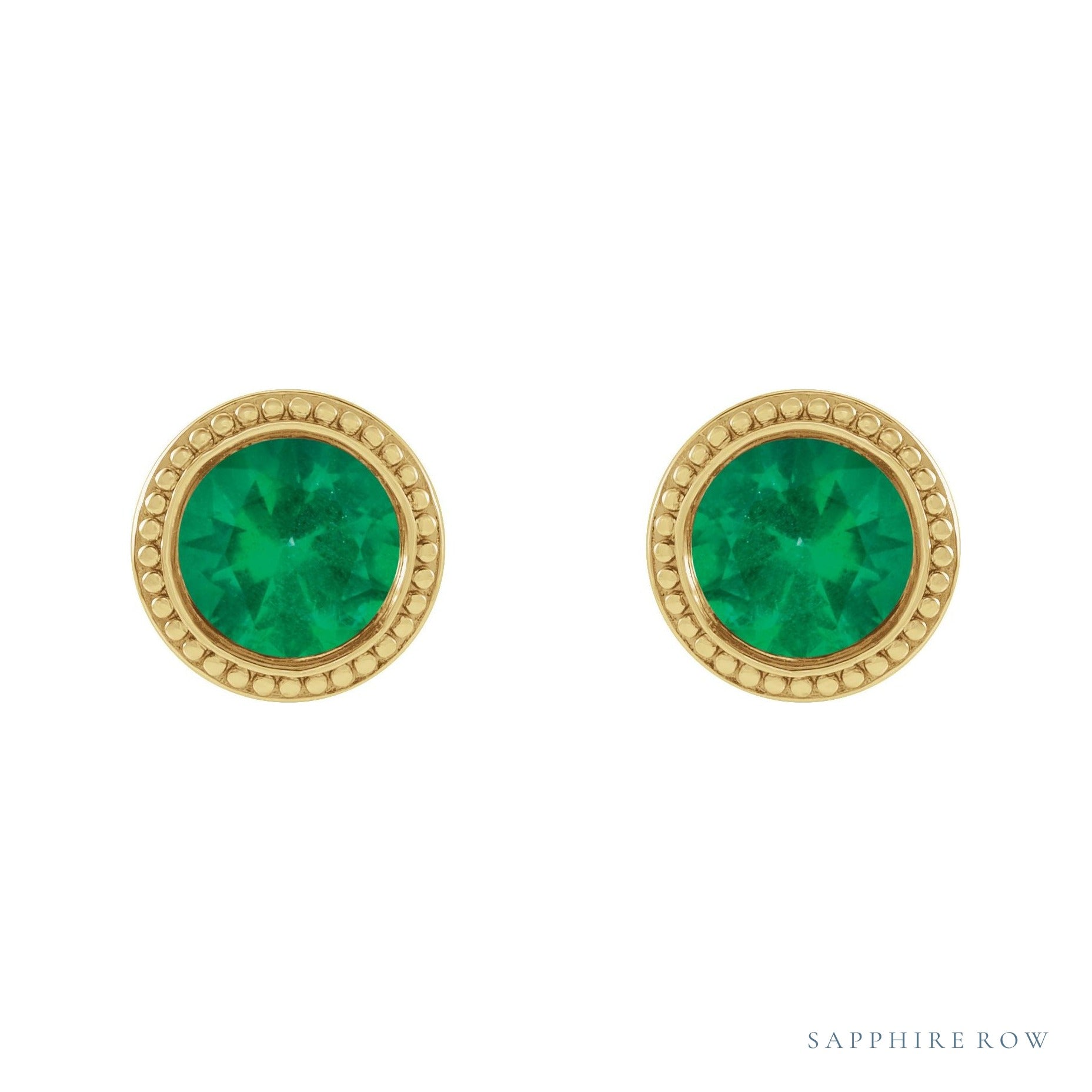 Sapphire Row Natural Bezel-Set Gemstone Studs - Emerald, Yellow Gold (view 2)