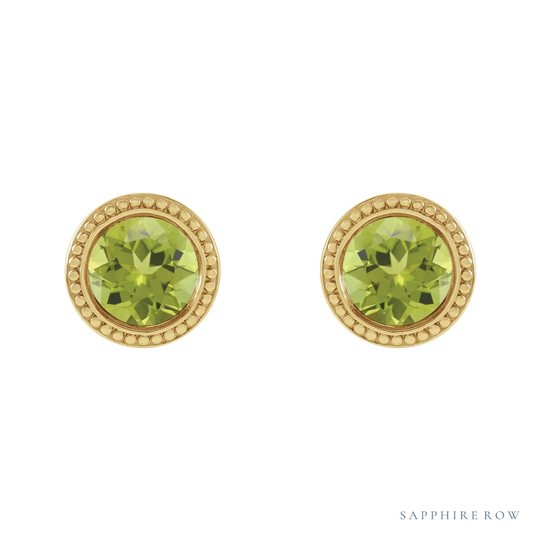 Sapphire Row Natural Bezel-Set Gemstone Studs - Peridot, Yellow Gold (view 2)