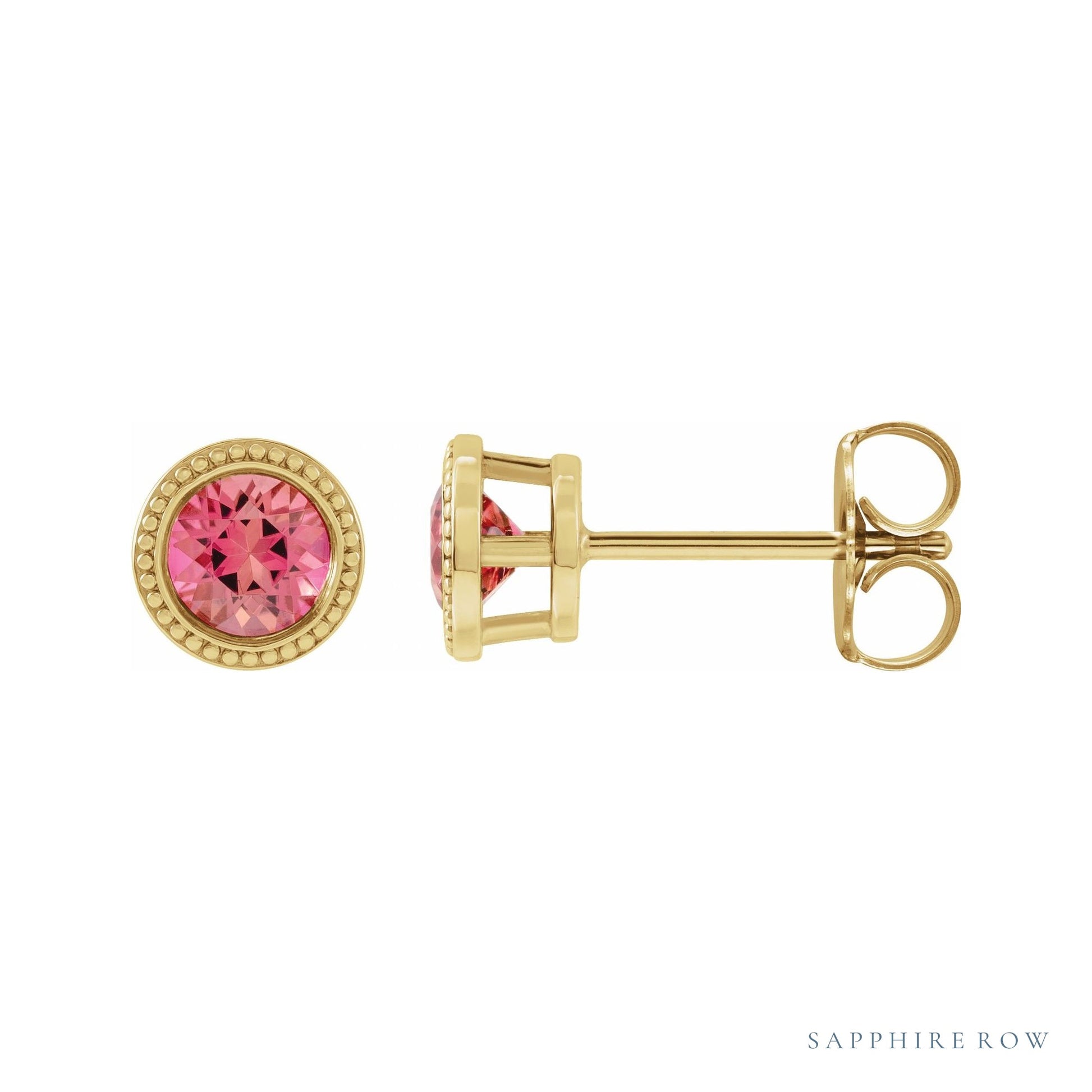 Sapphire Row Natural Bezel-Set Gemstone Studs - Pink Tourmaline, Yellow Gold
