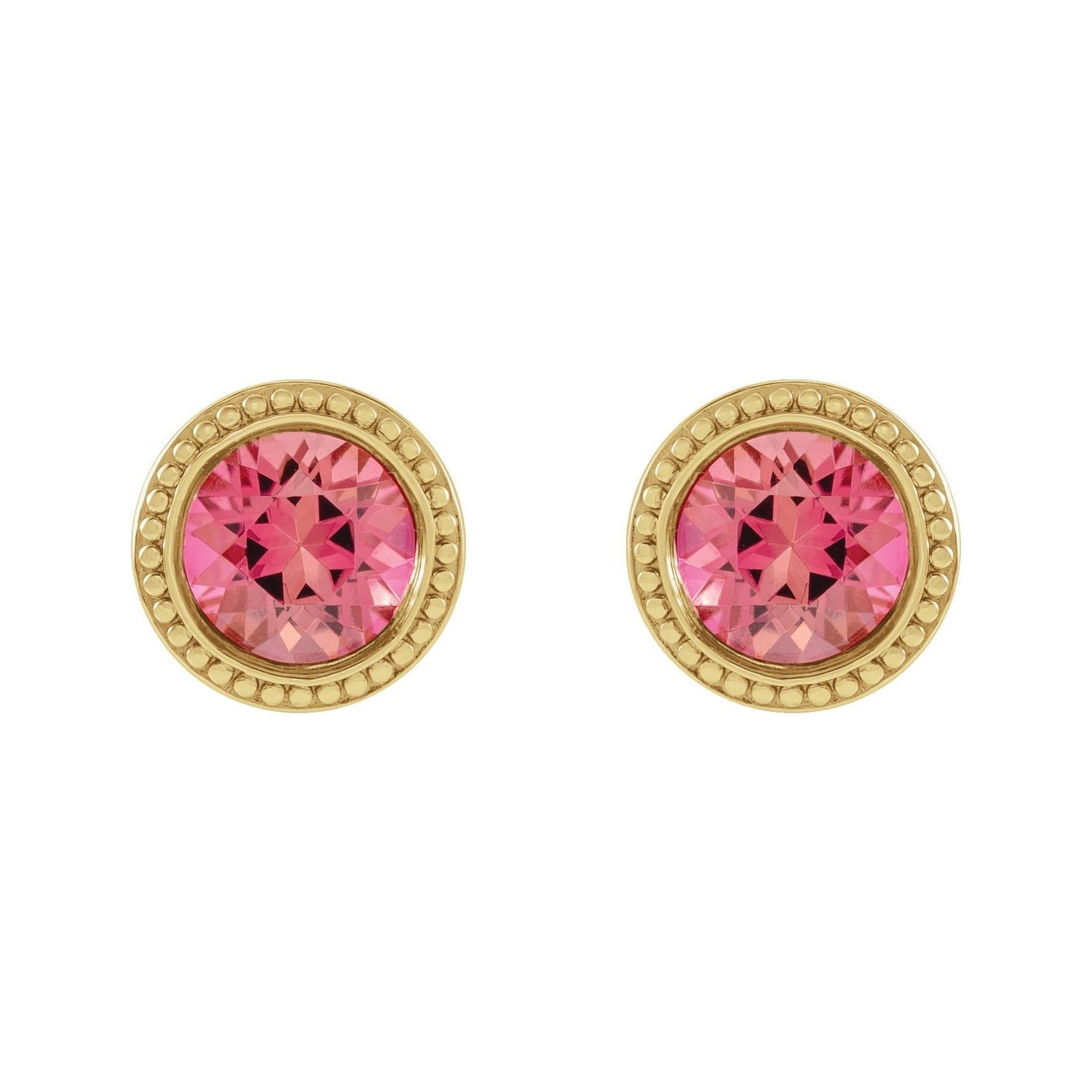 Sapphire Row Natural Bezel-Set Gemstone Studs - Pink Tourmaline, Yellow Gold (view 2)