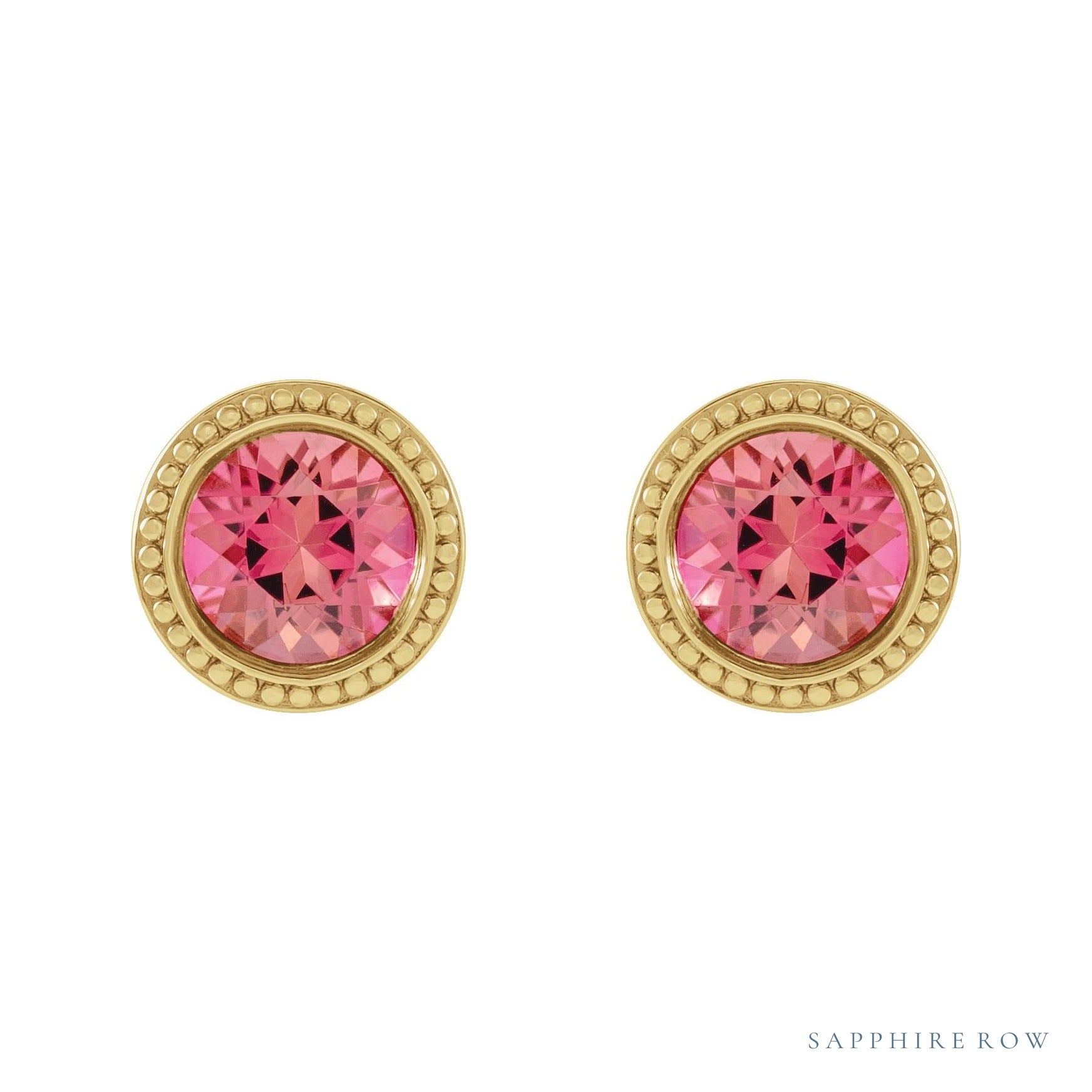 Sapphire Row Natural Bezel-Set Gemstone Studs - Pink Tourmaline, Yellow Gold (view 2)
