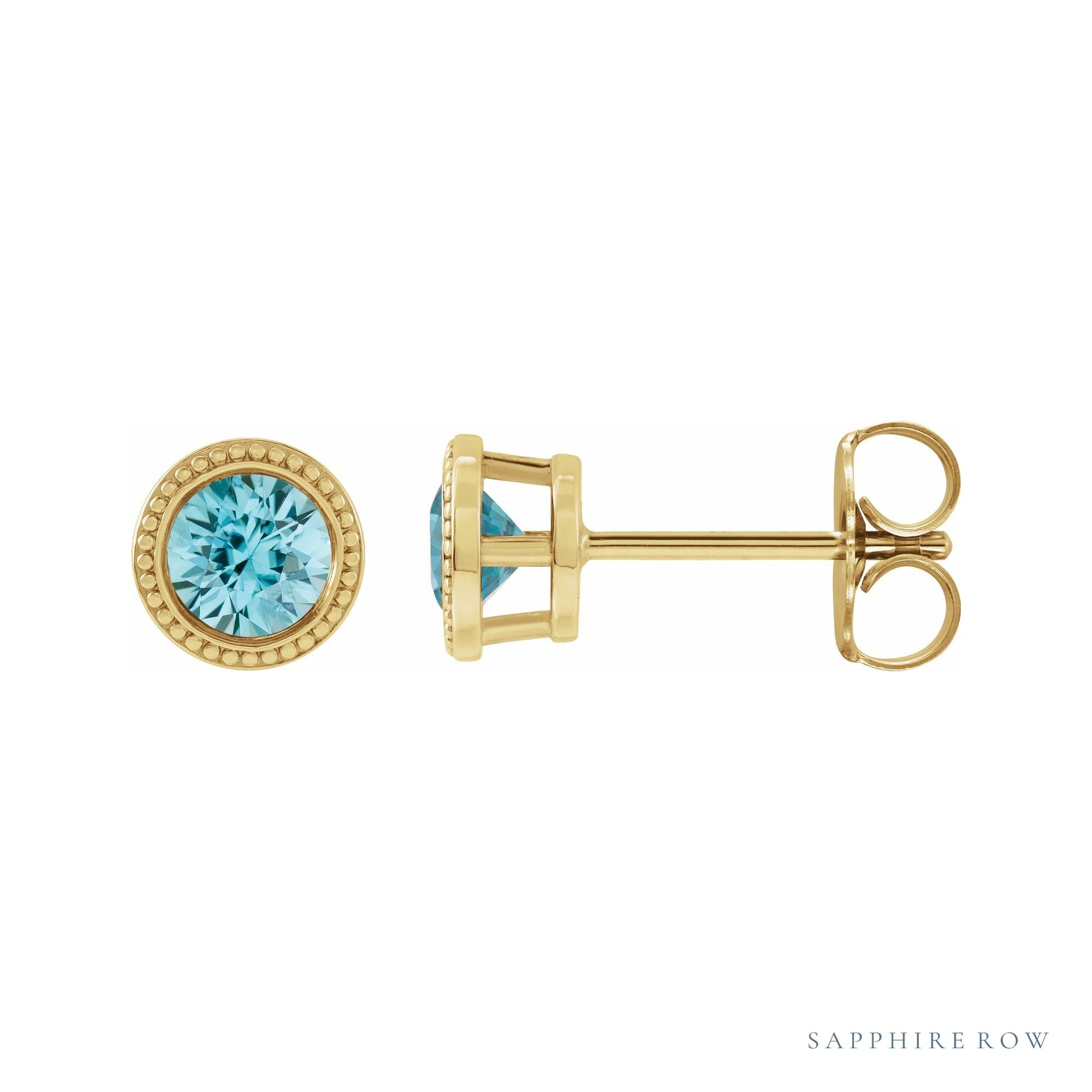 Sapphire Row Natural Bezel-Set Gemstone Studs - Blue Zircon, Yellow Gold