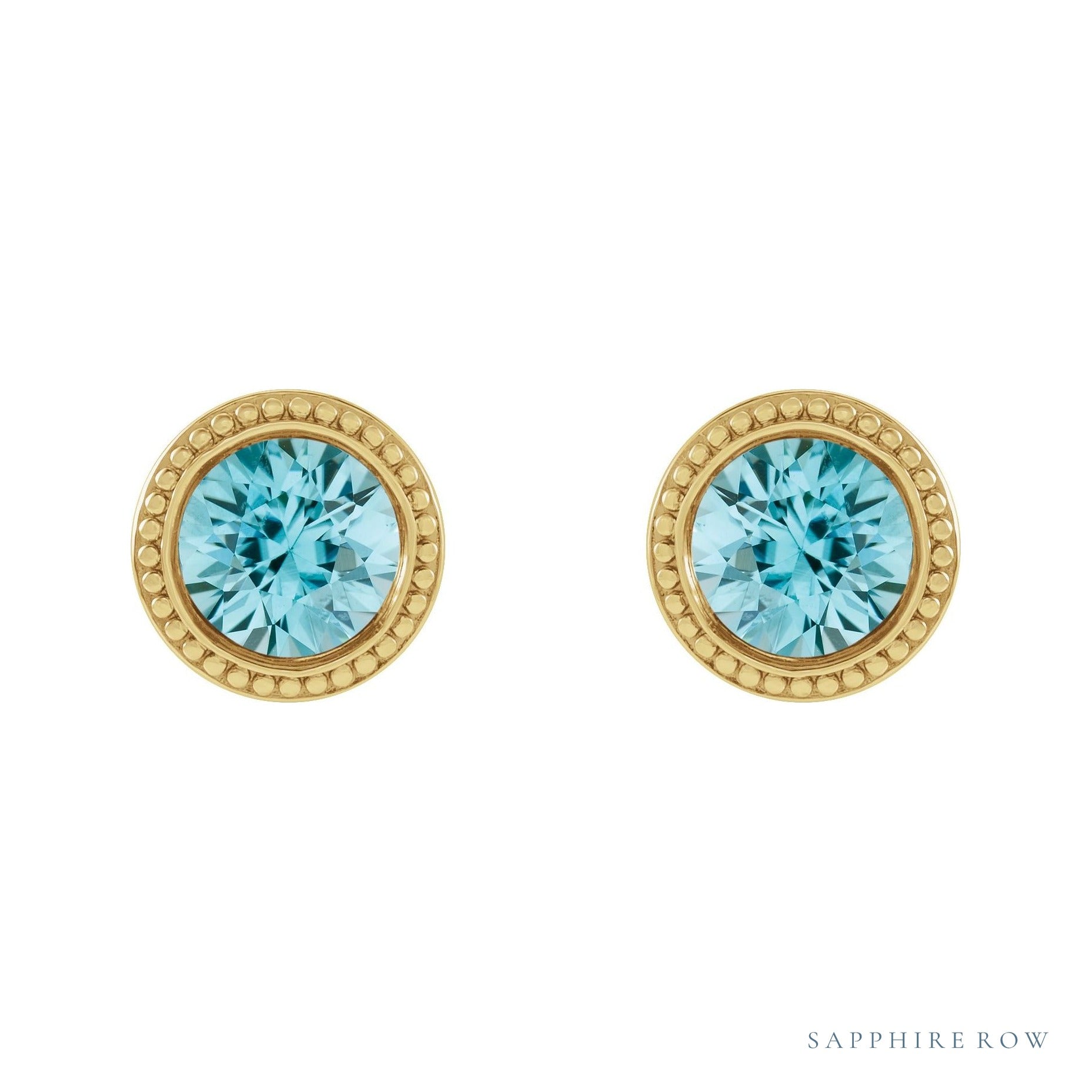 Sapphire Row Natural Bezel-Set Gemstone Studs - Blue Zircon, Yellow Gold (view 2)