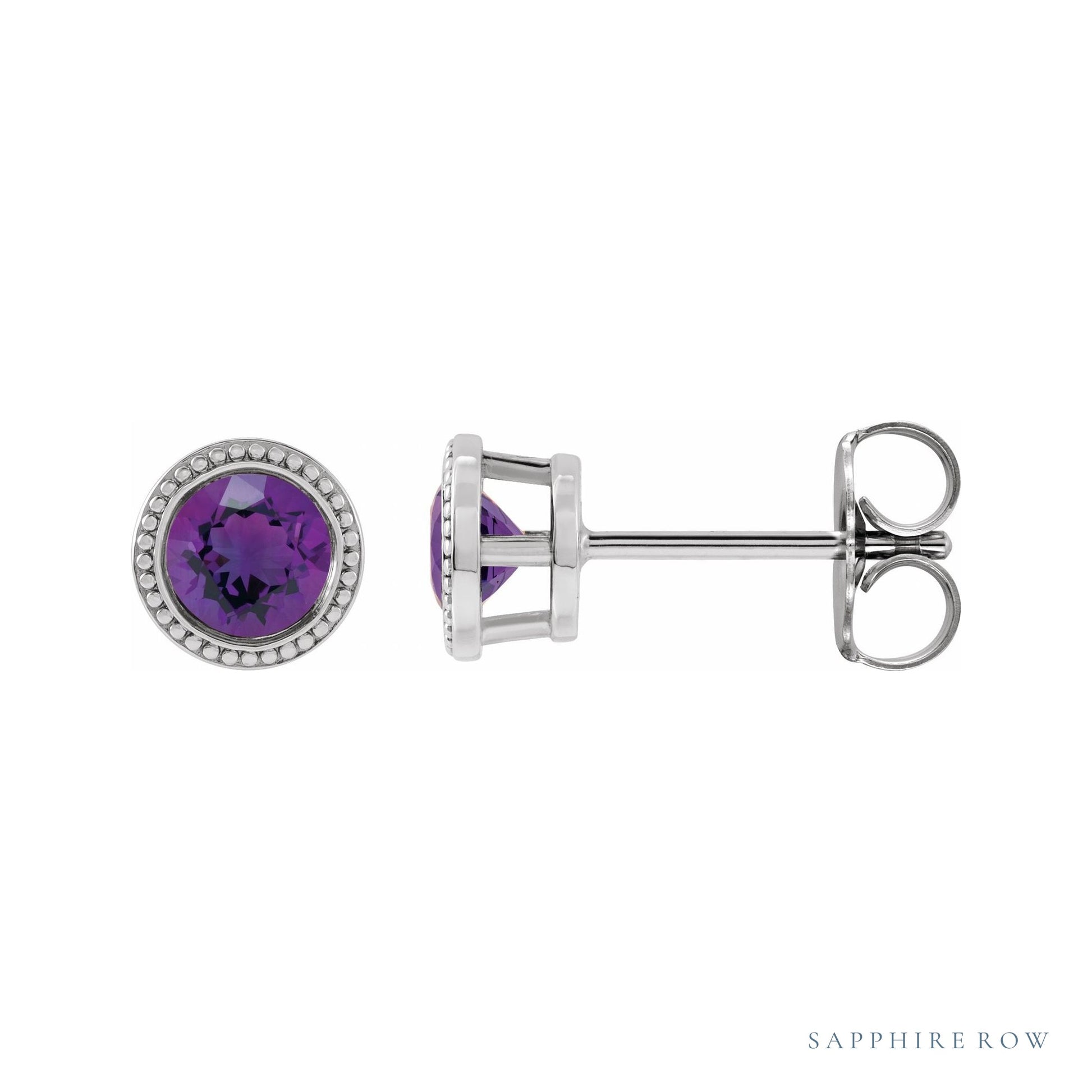 Sapphire Row Natural Bezel-Set Gemstone Studs - Amethyst, Platinum