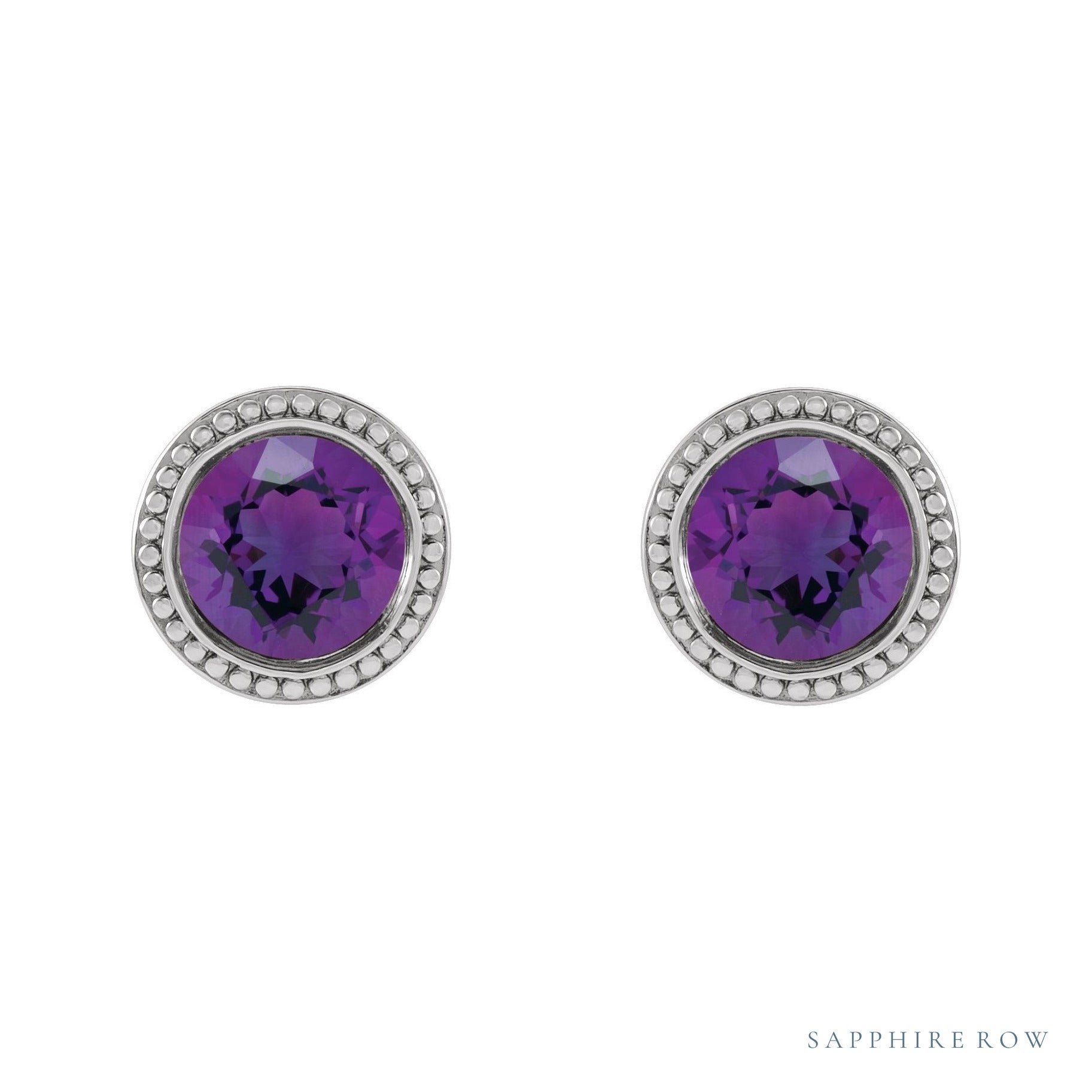 Sapphire Row Natural Bezel-Set Gemstone Studs - Amethyst, Platinum (view 2)