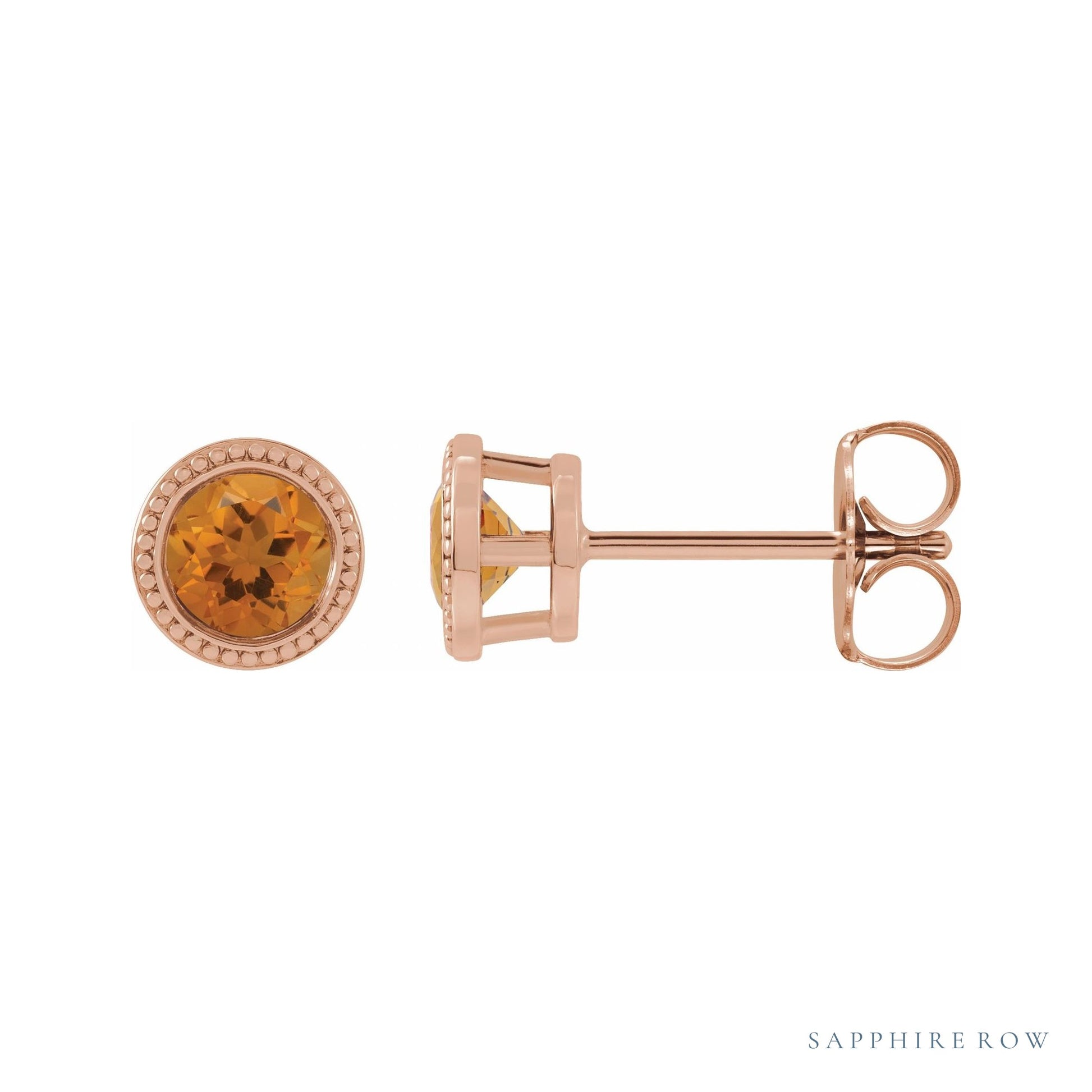 Sapphire Row Natural Bezel-Set Gemstone Studs - Citrine, Rose Gold
