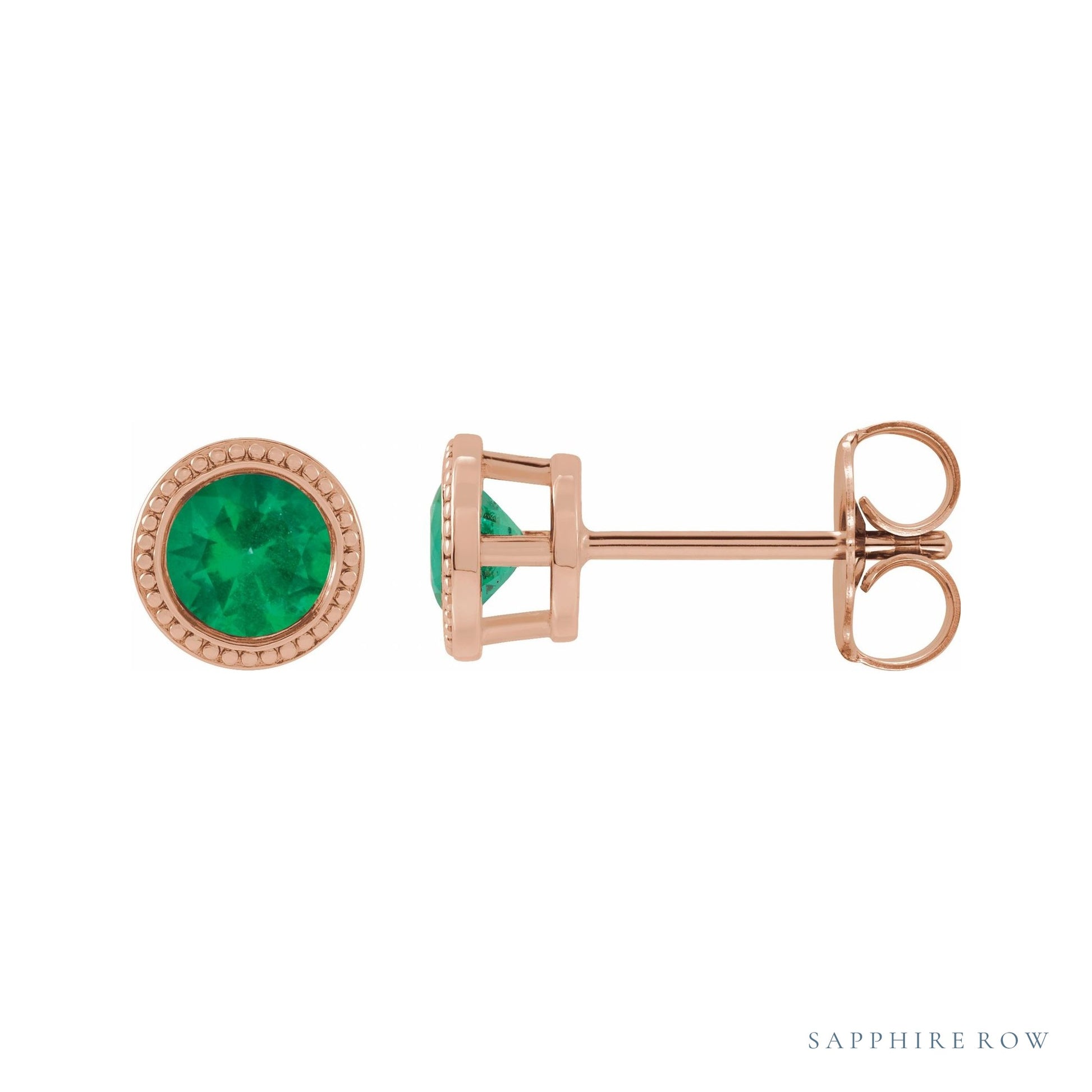 Sapphire Row Natural Bezel-Set Gemstone Studs - Emerald, Rose Gold