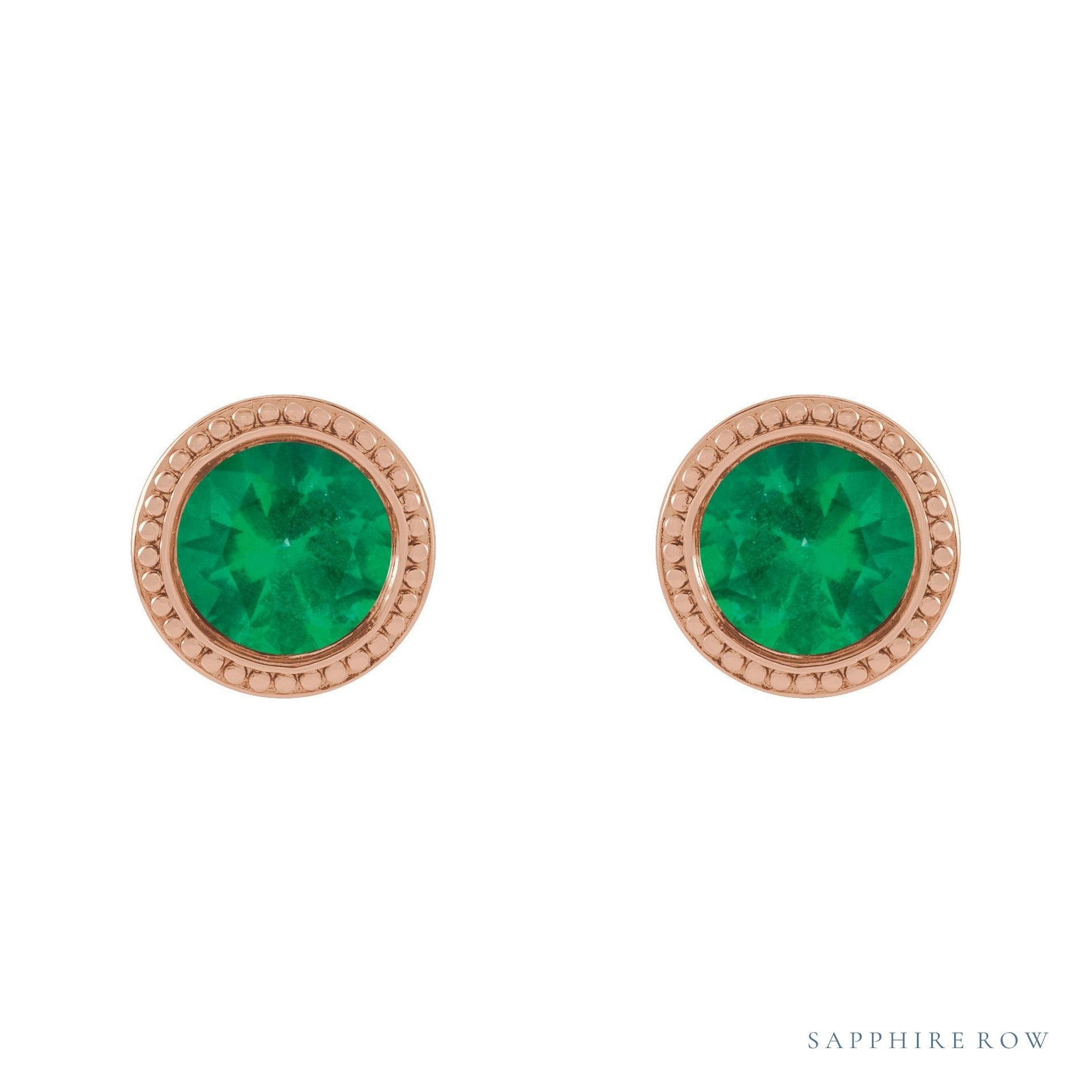 Sapphire Row Natural Bezel-Set Gemstone Studs - Emerald, Rose Gold (view 2)