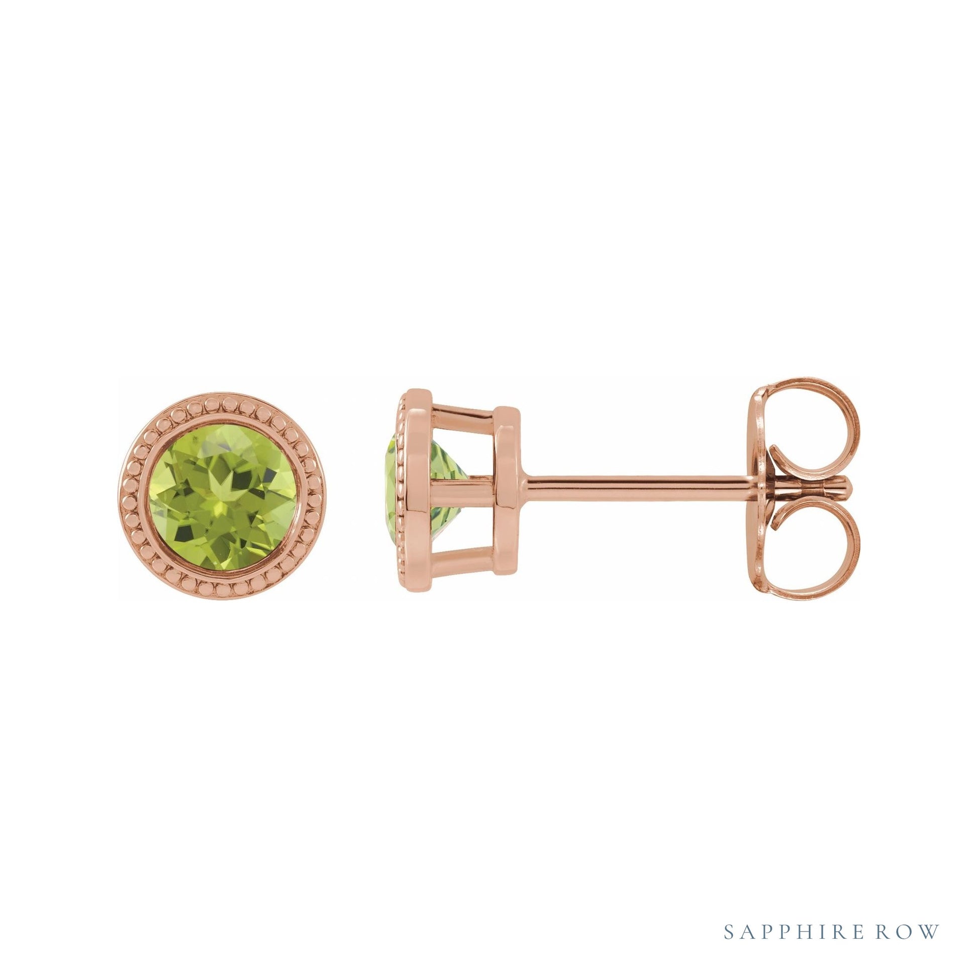 Sapphire Row Natural Bezel-Set Gemstone Studs - Peridot, Rose Gold