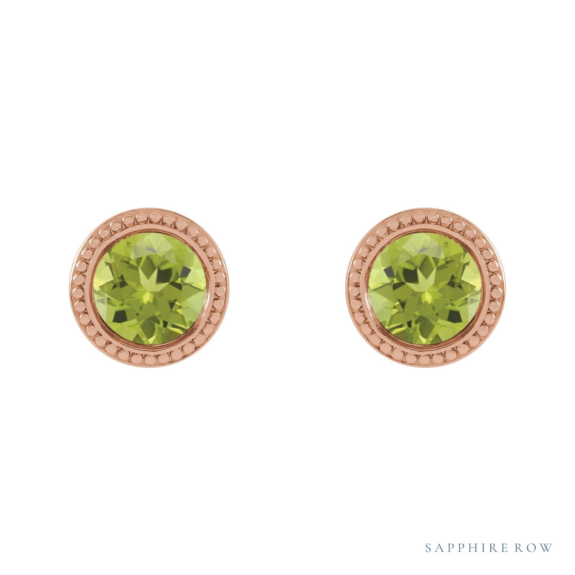 Sapphire Row Natural Bezel-Set Gemstone Studs - Peridot, Rose Gold (view 2)