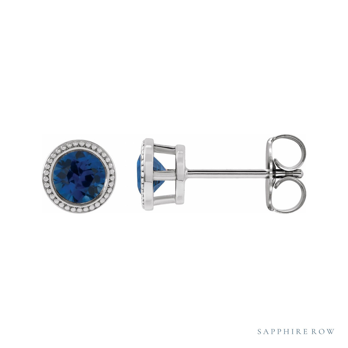 Sapphire Row Lab-Grown Bezel-Set Gemstone Studs - Blue Sapphire, White Gold