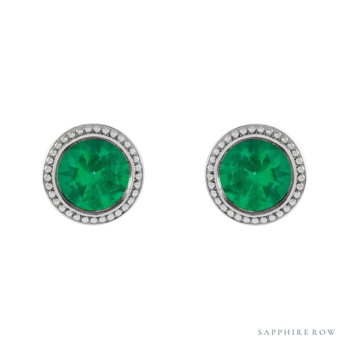 Sapphire Row Lab-Grown Bezel-Set Gemstone Studs - Emerald, White Gold (view 2)