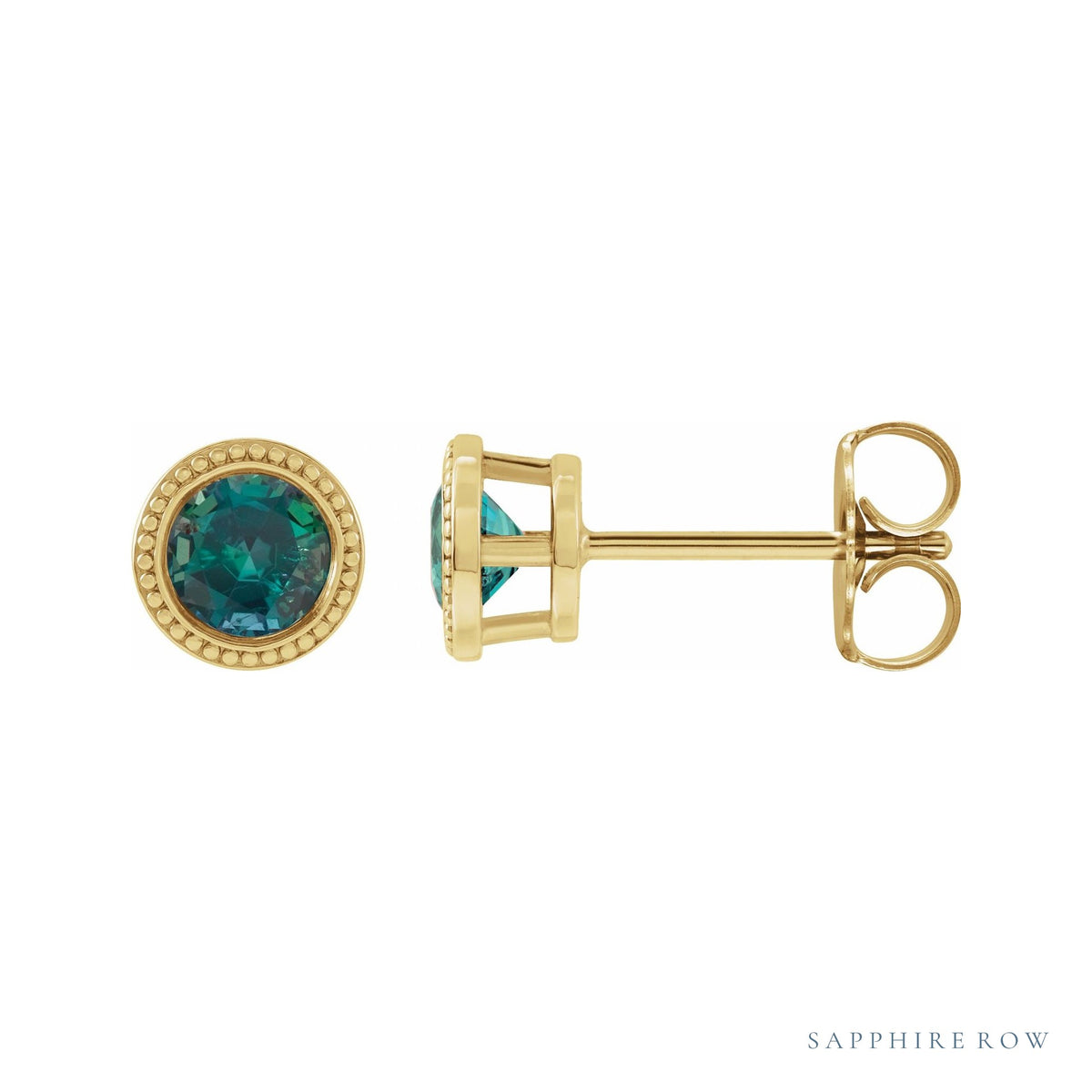 Sapphire Row Lab-Grown Bezel-Set Gemstone Studs - Alexandrite, Yellow Gold