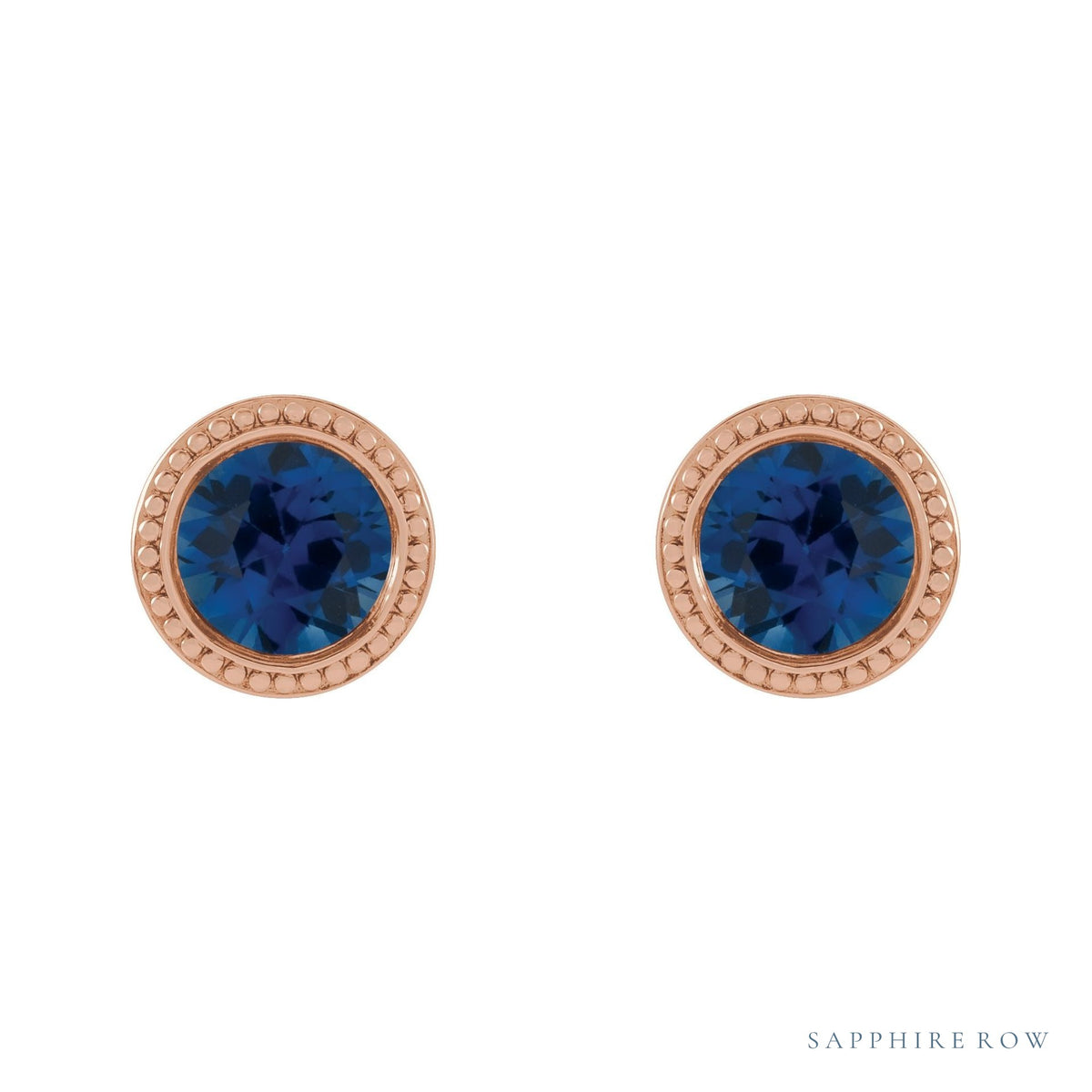 Sapphire Row Lab-Grown Bezel-Set Gemstone Studs - Blue Sapphire, Rose Gold (view 2)