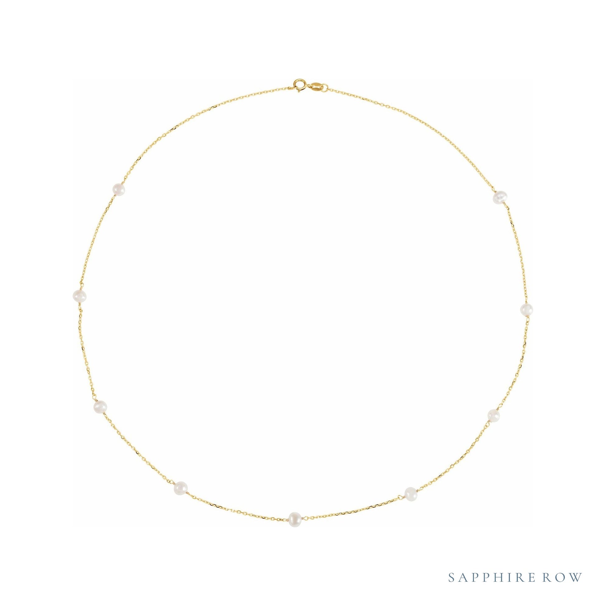 Sapphire Row Mini Pearl Station Necklace - Yellow Gold