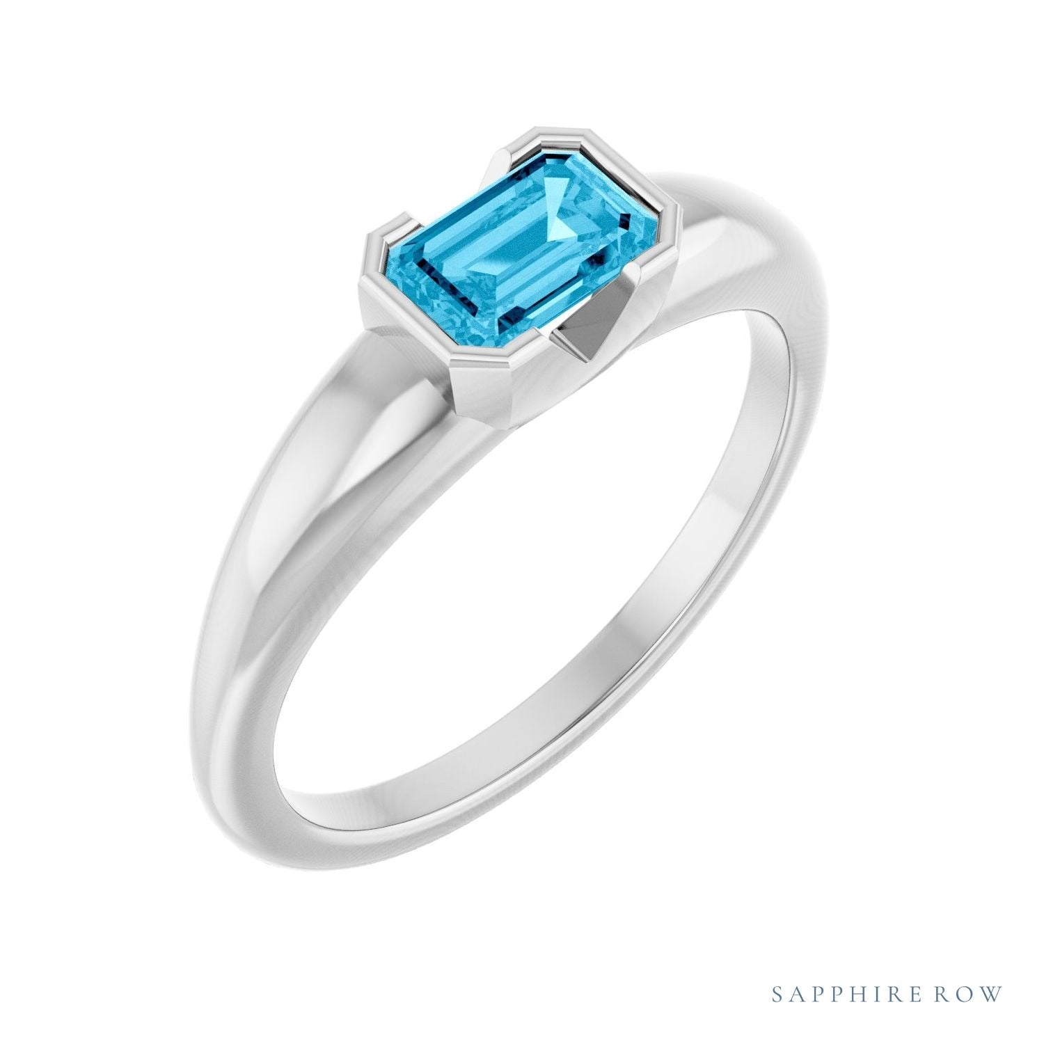 Sapphire Row Lab-Grown Emerald-Cut Gemstone Stacking Ring - Aqua Sapphire, 14K White Gold