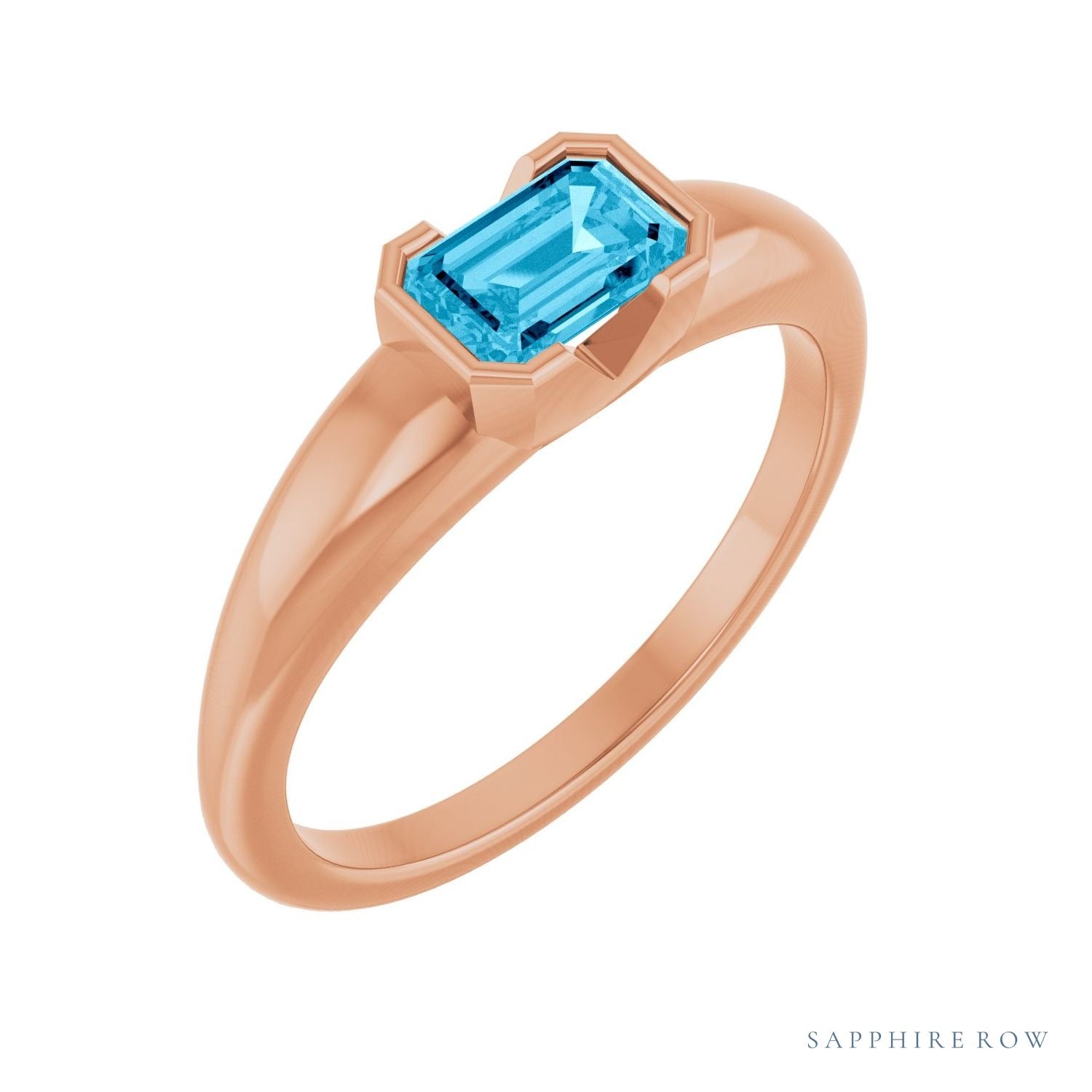Sapphire Row Lab-Grown Emerald-Cut Gemstone Stacking Ring - Aqua Sapphire, 14K Rose Gold