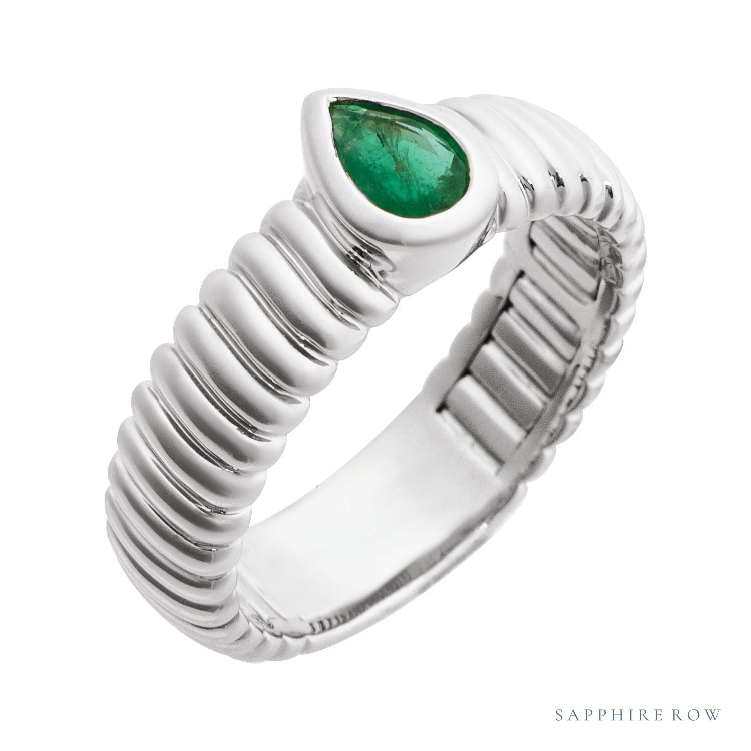 Sapphire Row Natural Gemstone Fluted Pear Ring - Emerald, 14K White Gold