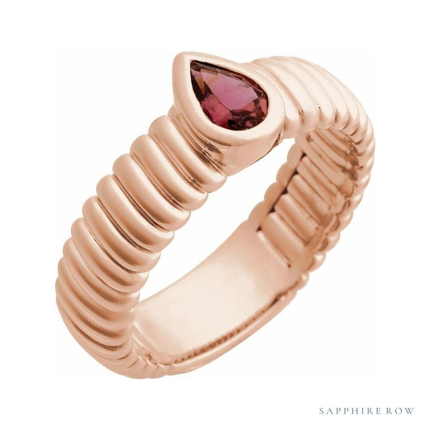 Sapphire Row Natural Gemstone Fluted Pear Ring - Pink Tourmaline, 14K Rose Gold