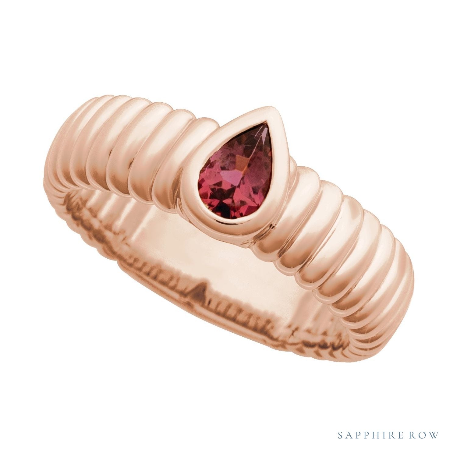 Sapphire Row Natural Gemstone Fluted Pear Ring - Pink Tourmaline, 14K Rose Gold (view 4)