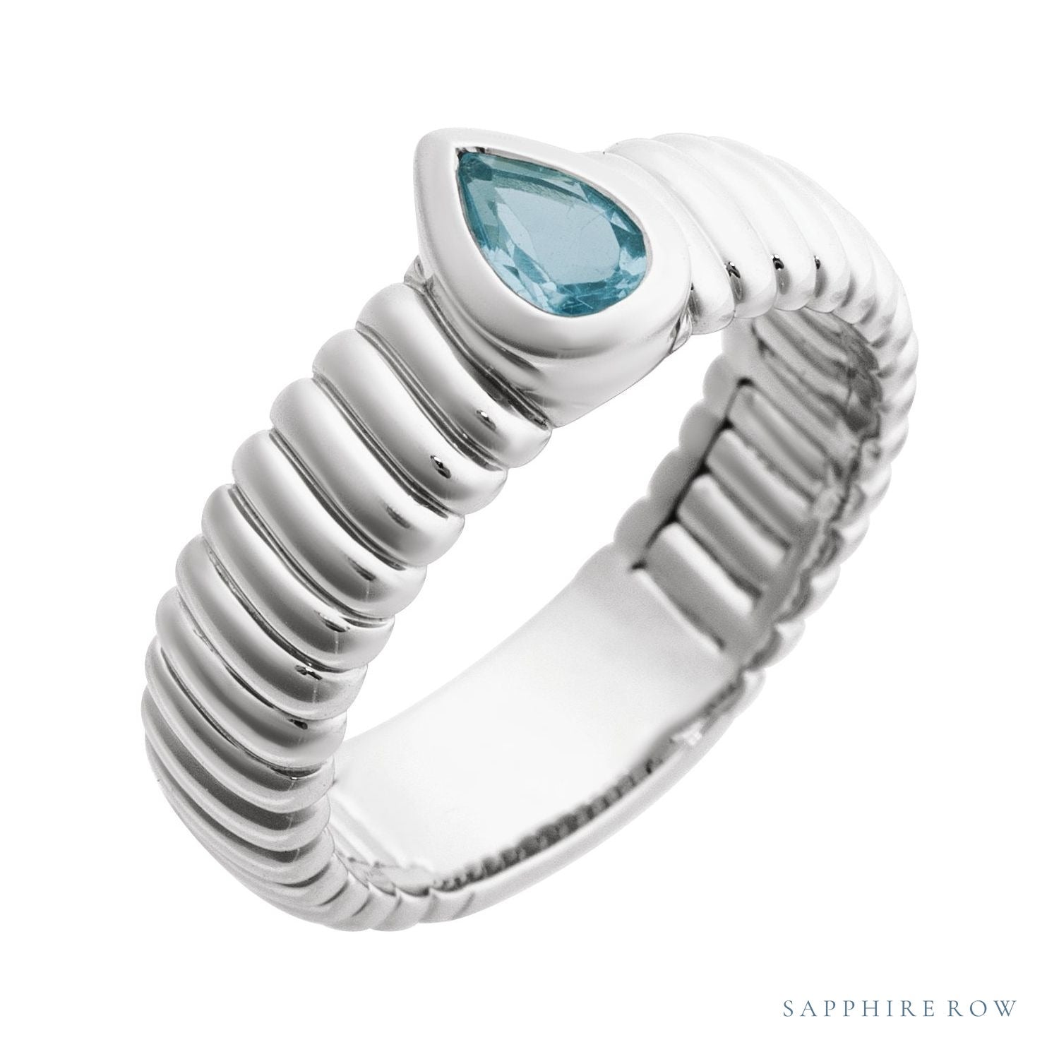 Sapphire Row Natural Gemstone Fluted Pear Ring - Sky Blue Topaz, 14K White Gold