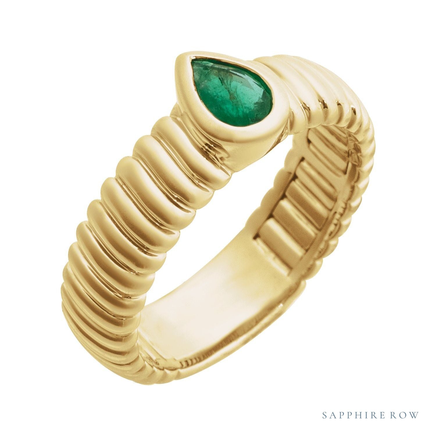 Sapphire Row Natural Gemstone Fluted Pear Ring - Emerald, 14K Yellow Gold