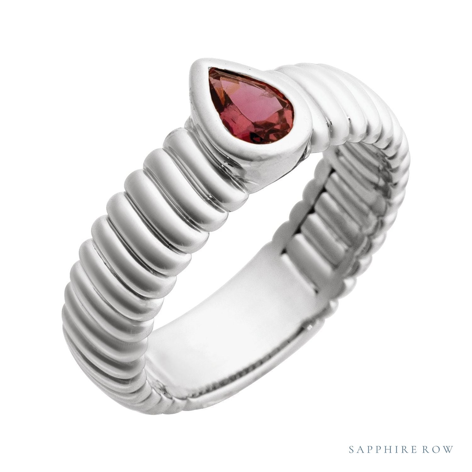 Sapphire Row Natural Gemstone Fluted Pear Ring - Pink Tourmaline, 14K White Gold