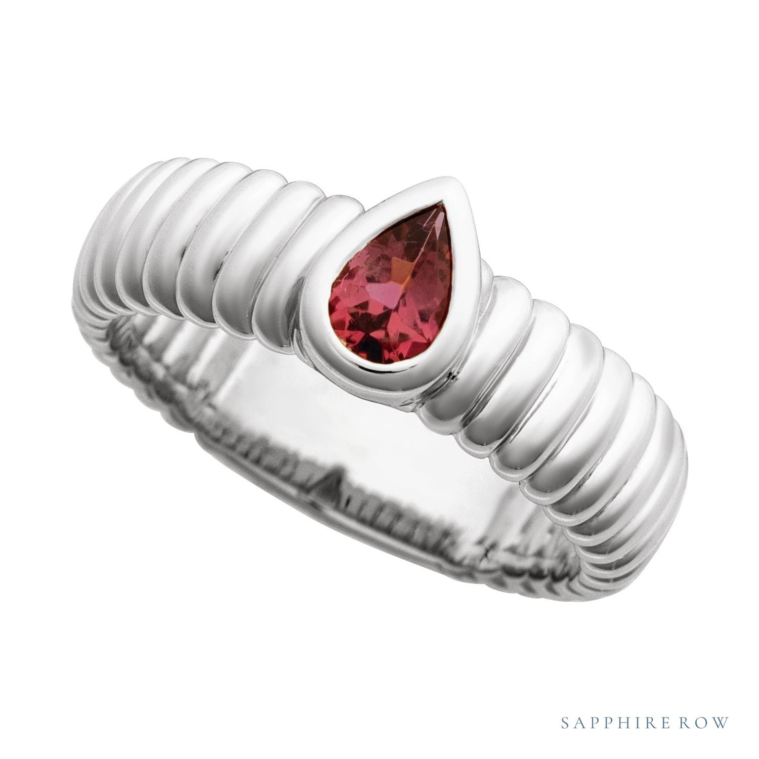 Sapphire Row Natural Gemstone Fluted Pear Ring - Pink Tourmaline, 14K White Gold (view 4)