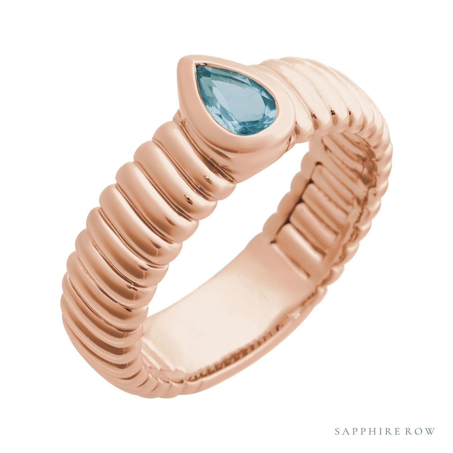 Sapphire Row Natural Gemstone Fluted Pear Ring - Sky Blue Topaz, 14K Rose Gold