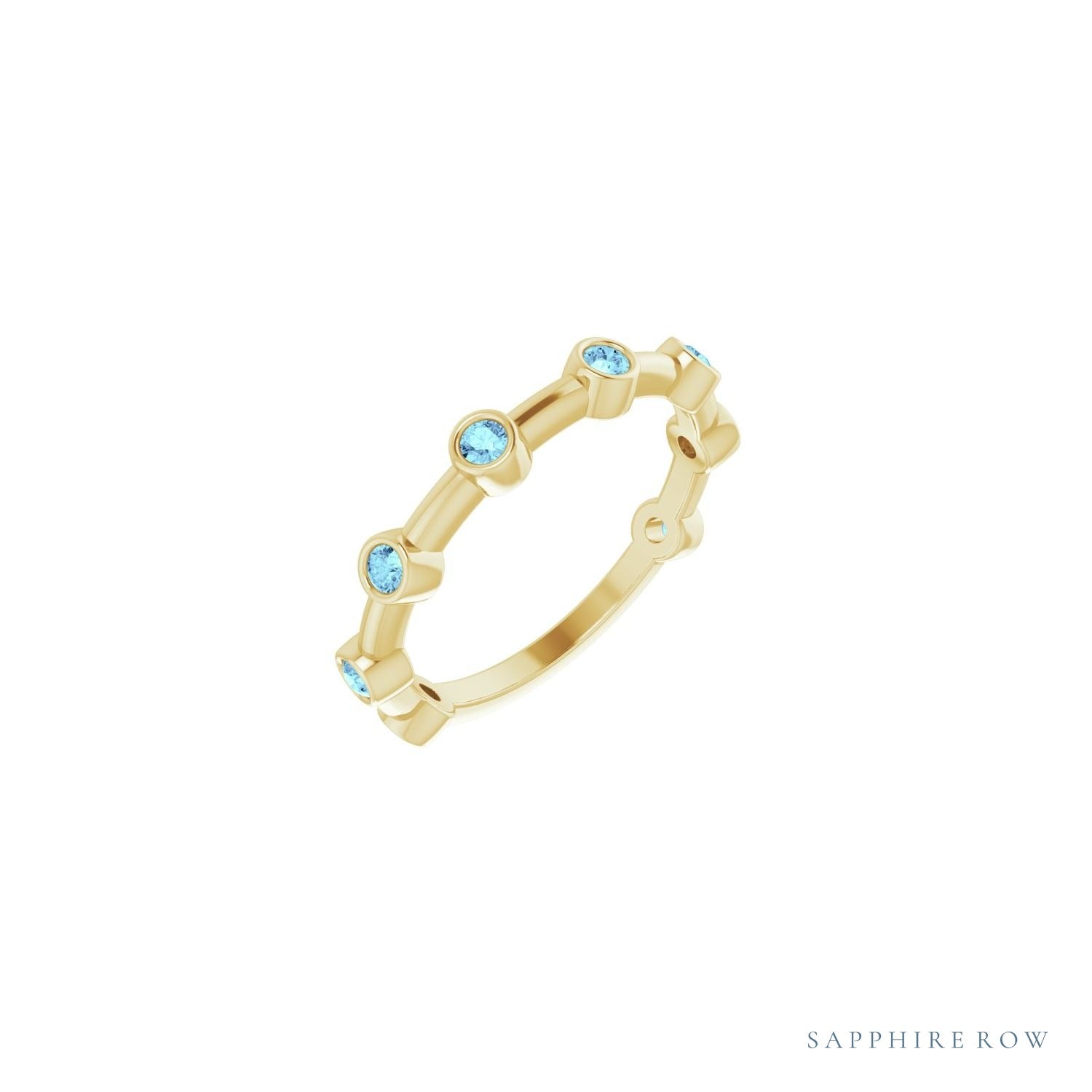 Sapphire Row Natural Gemstone Bezel Station Ring - Aquamarine, 14K Yellow Gold